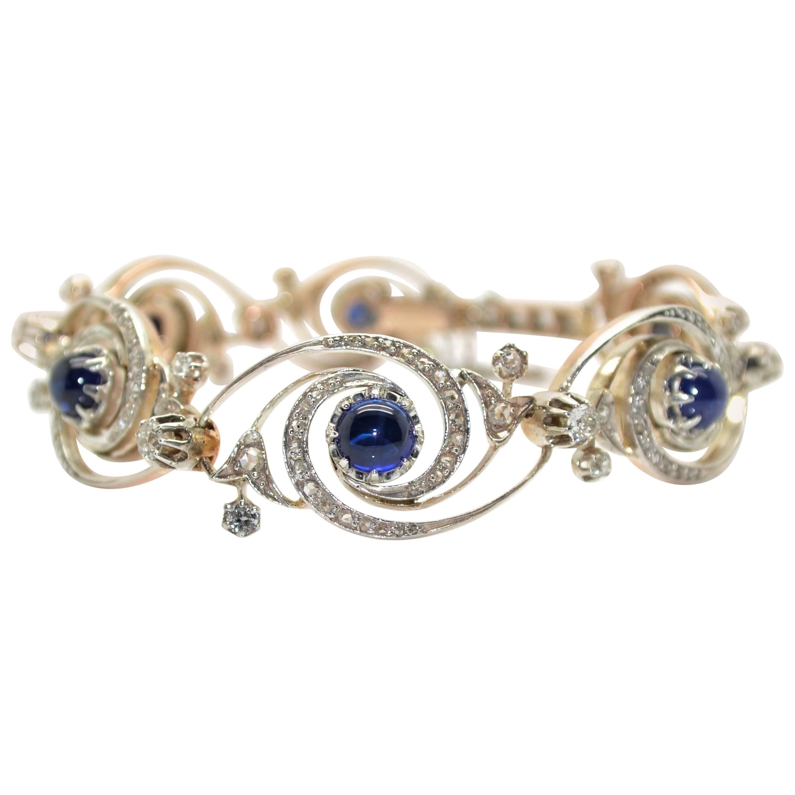 1900s French Art Nouveau Platinum 18 Karat Gold and Sapphire Diamond Bracelet For Sale