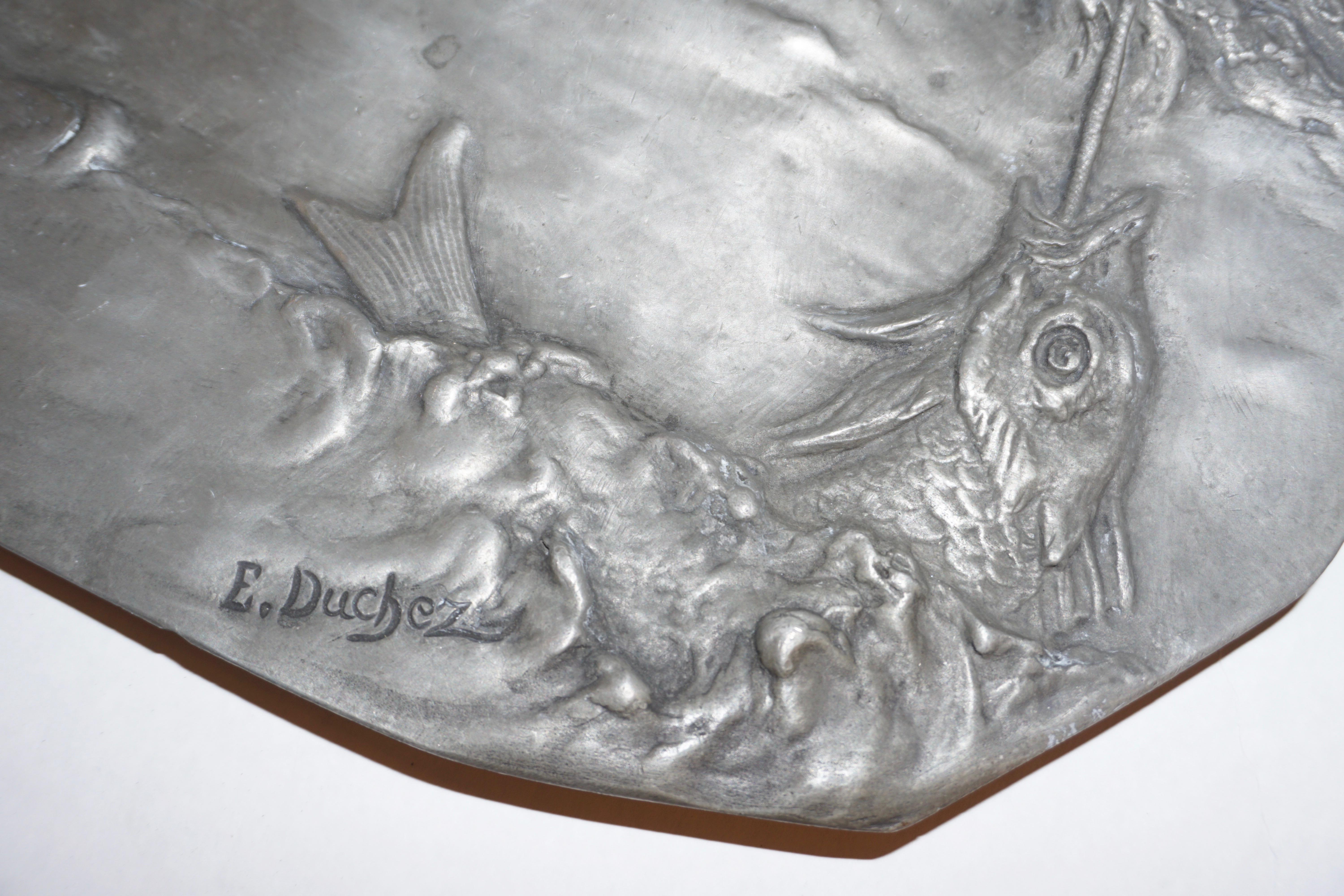 Hand-Carved 1900s French Art Nouveau Sculpted Pewter Dish with Fishing Putti in Relief For Sale