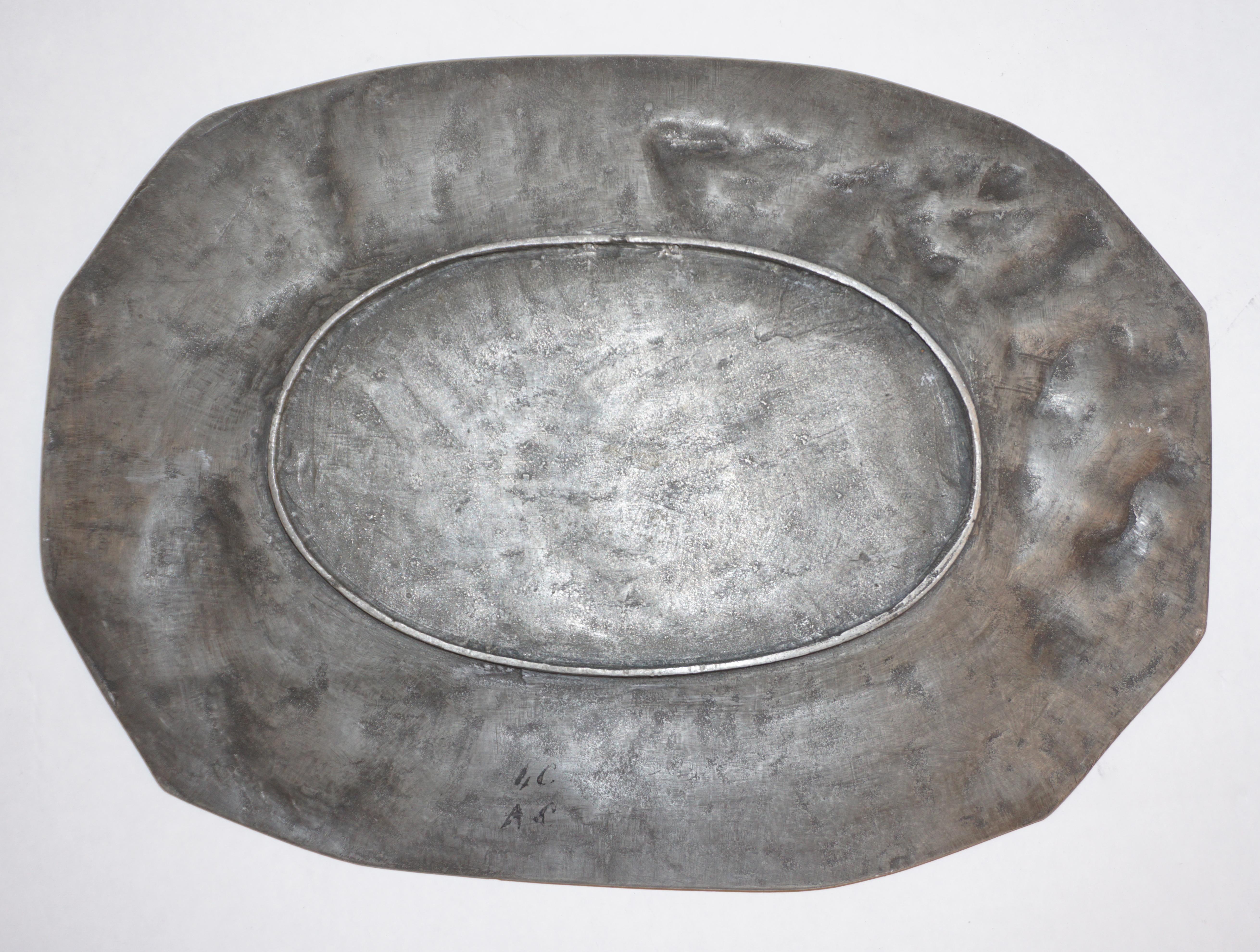 20th Century 1900s French Art Nouveau Sculpted Pewter Dish with Fishing Putti in Relief For Sale