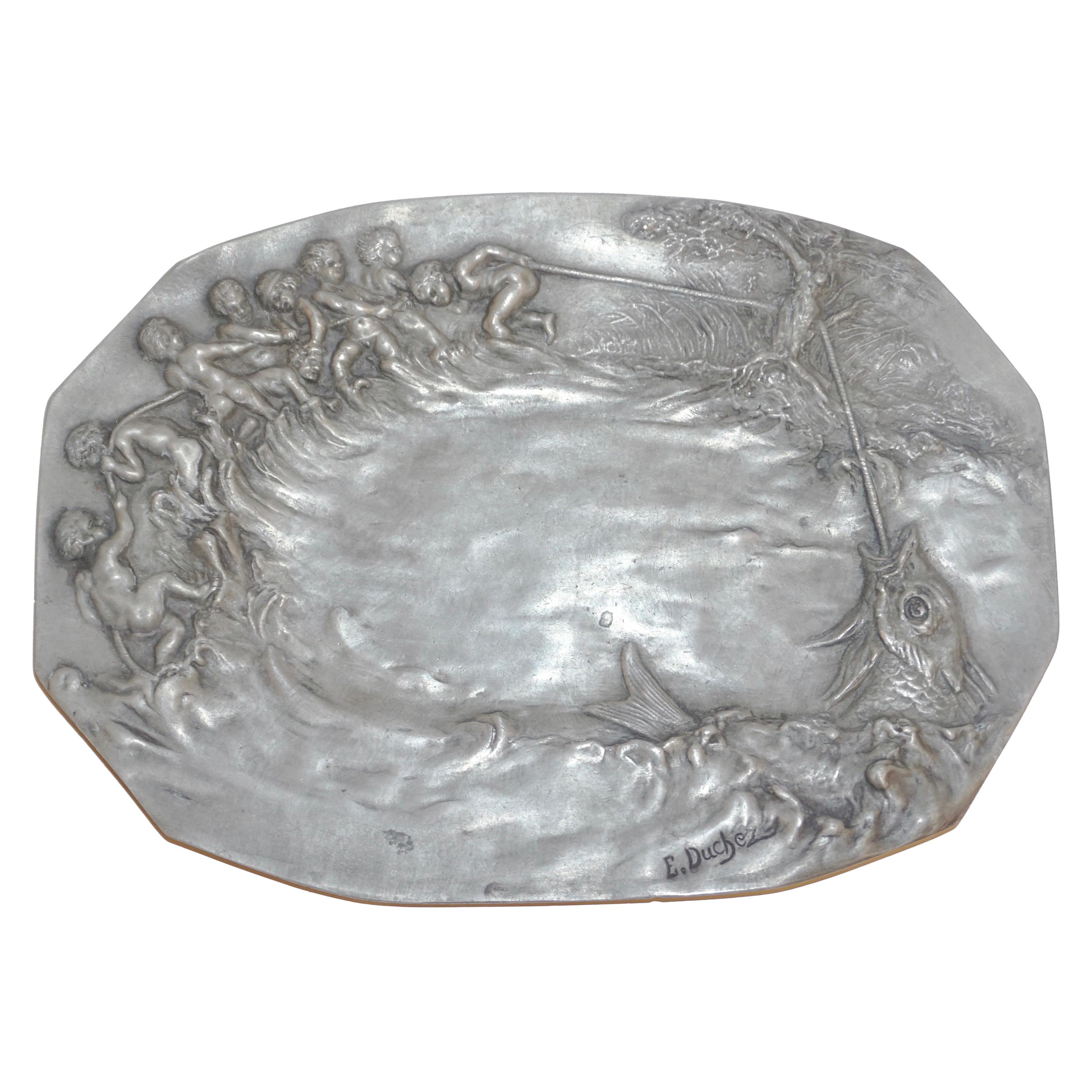 1900s French Art Nouveau Sculpted Pewter Dish with Fishing Putti in Relief