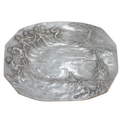 Antique 1900s French Art Nouveau Sculpted Pewter Dish with Fishing Putti in Relief