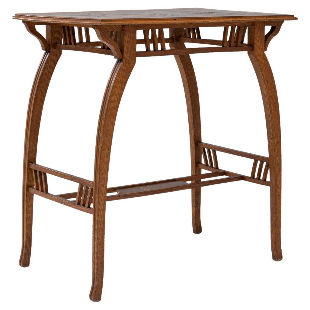Table d'appoint en bois Art Nouveau 1900 avec plateau floral