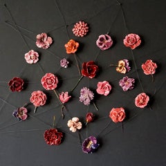 1900s French Barbotine Majolica Mourning Flowers, Rose Violet Peony Carnation