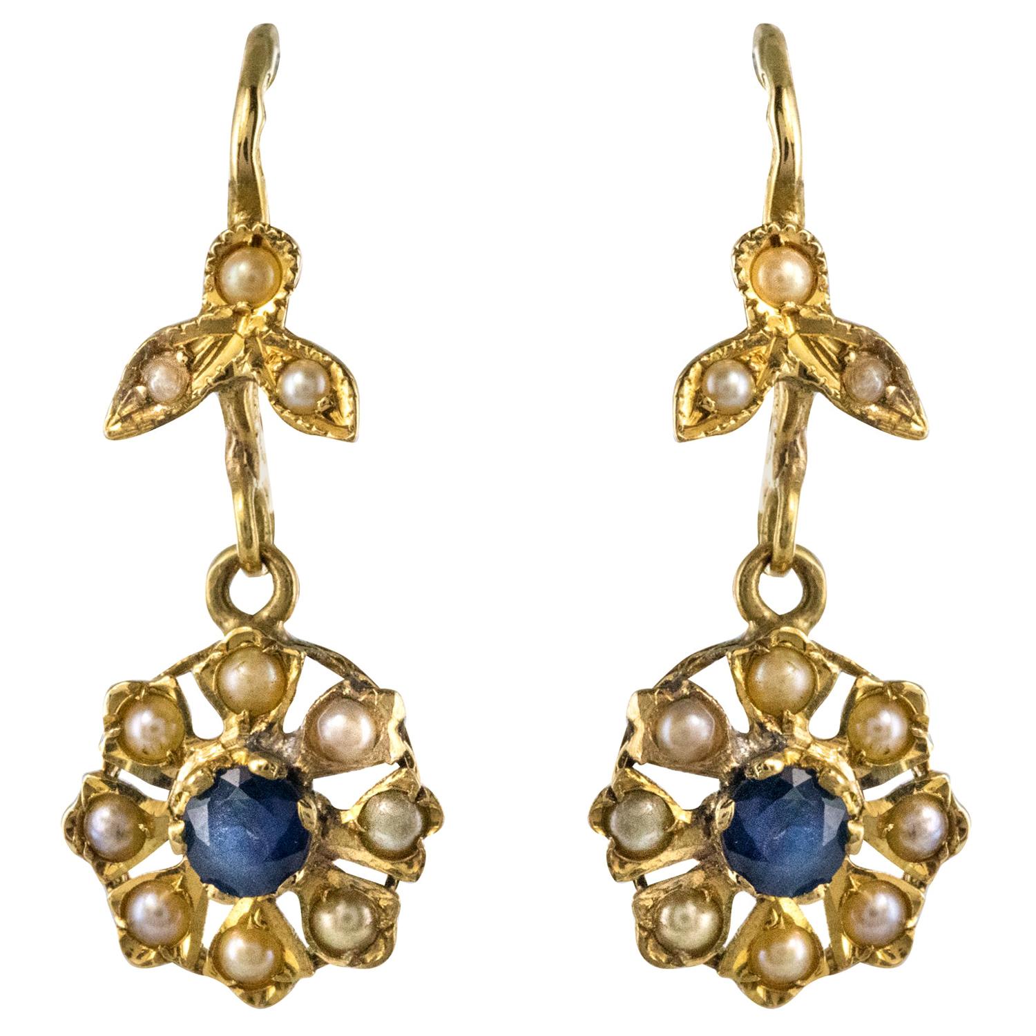 1900s French Belle Époque Sapphire Natural Pearl Earrings
