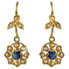 Antique 1900s French Belle Époque Sapphire Natural Pearl Earrings