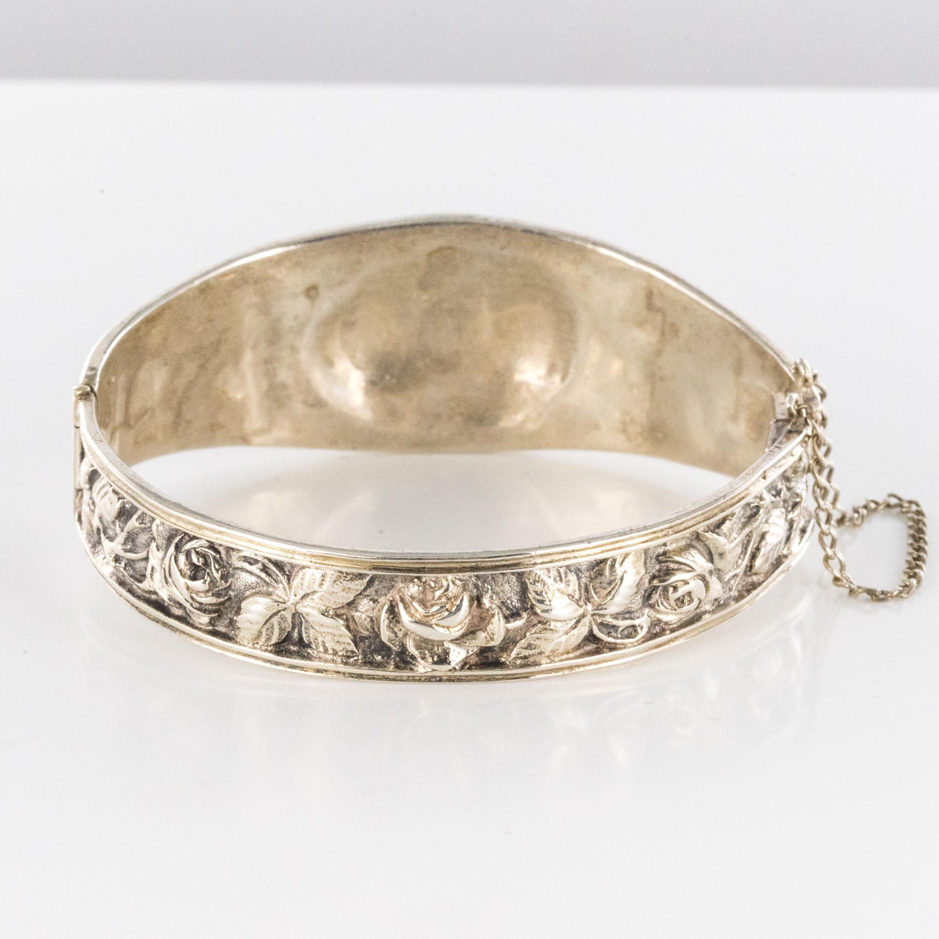 1900s French Belle Époque Sterling Silver Roses Bangle Bracelet 6