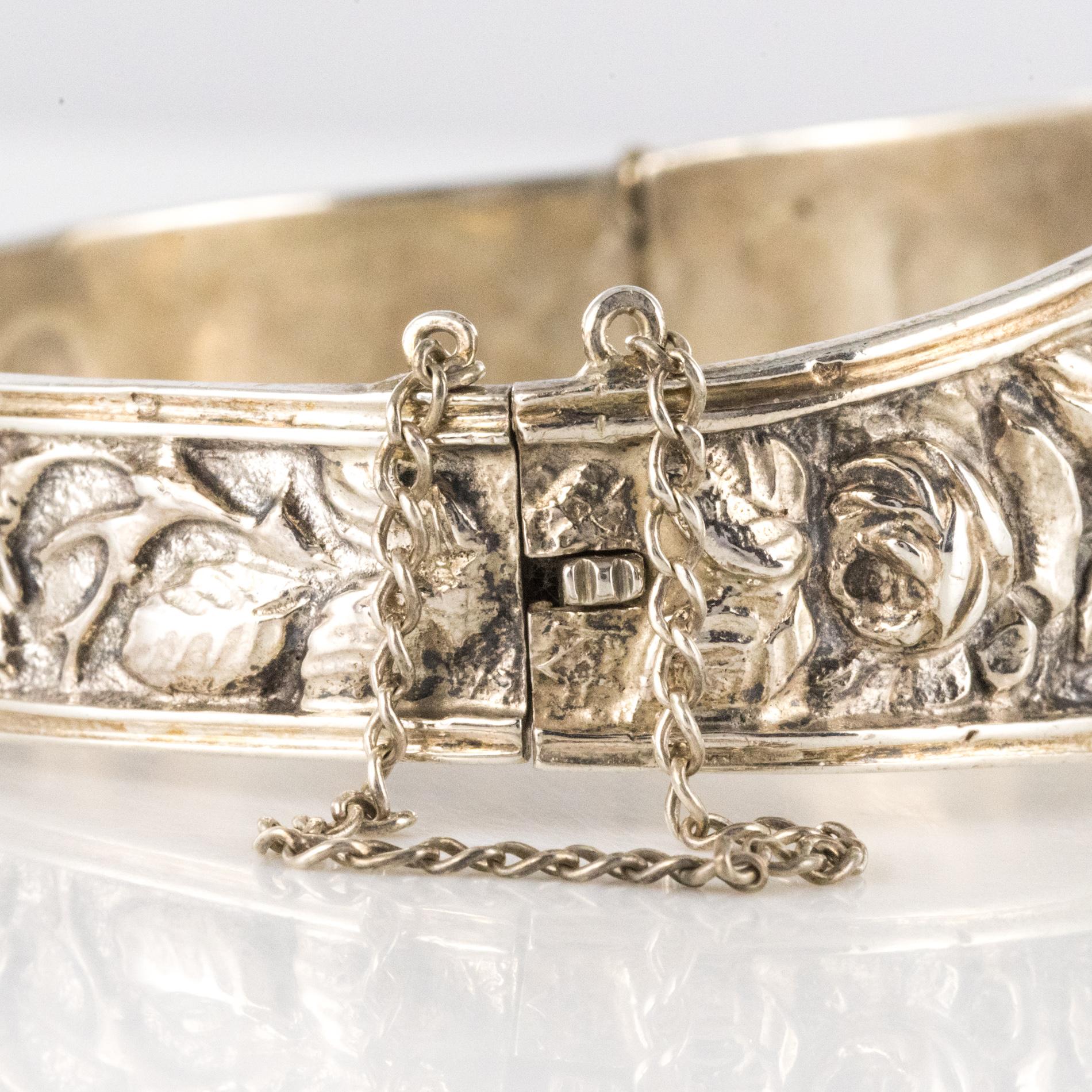 1900s French Belle Époque Sterling Silver Roses Bangle Bracelet 7