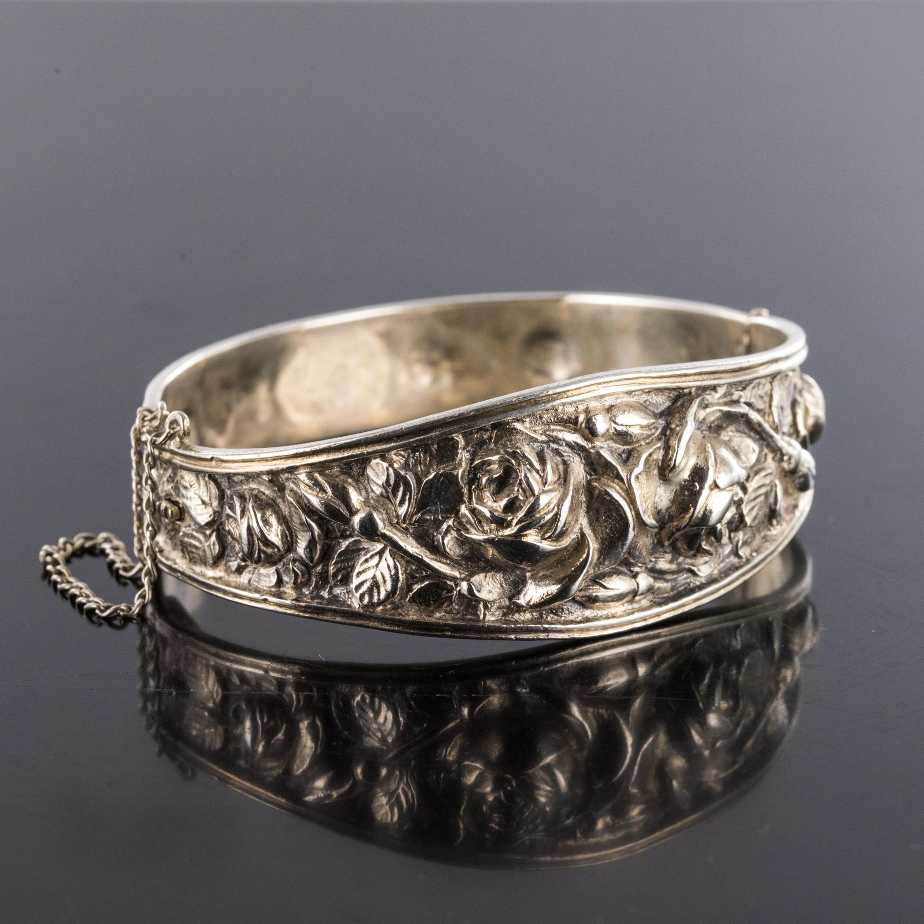 Women's 1900s French Belle Époque Sterling Silver Roses Bangle Bracelet