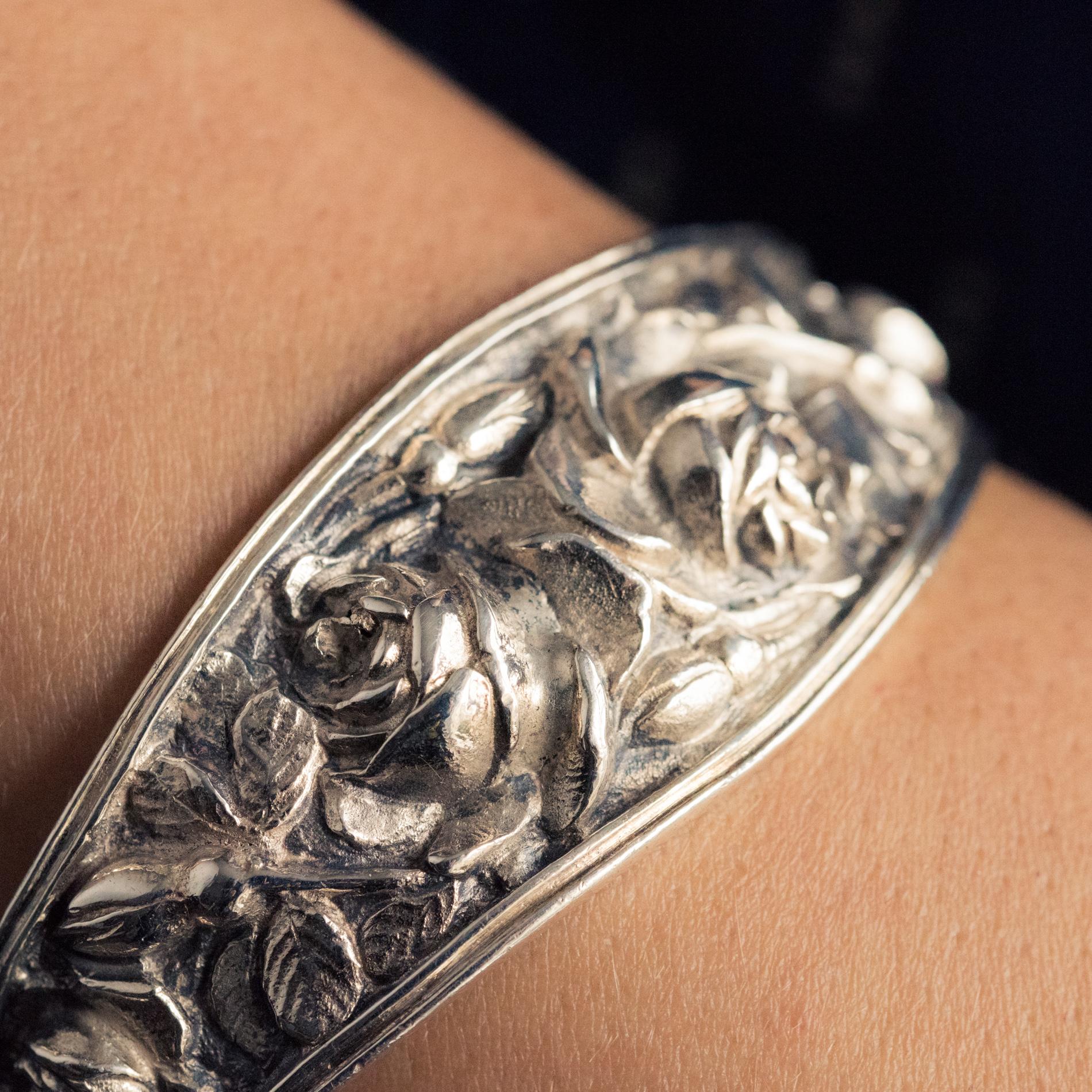 1900s French Belle Époque Sterling Silver Roses Bangle Bracelet 1