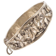 1900s French Belle Époque Sterling Silver Roses Bangle Bracelet