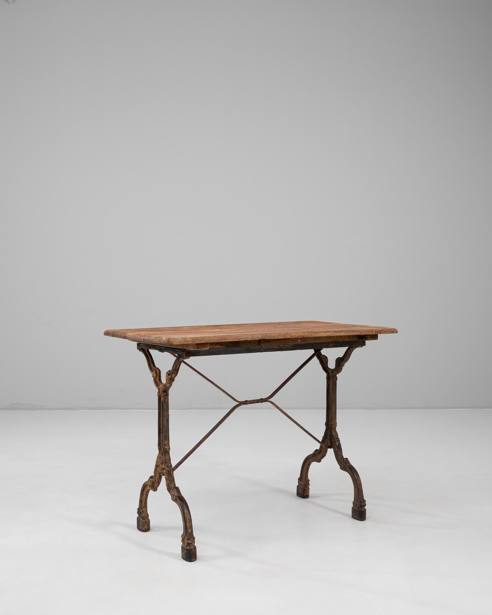 20th Century 1900s French Bistro Table With Base Cast Iron & Wooden Top For Sale