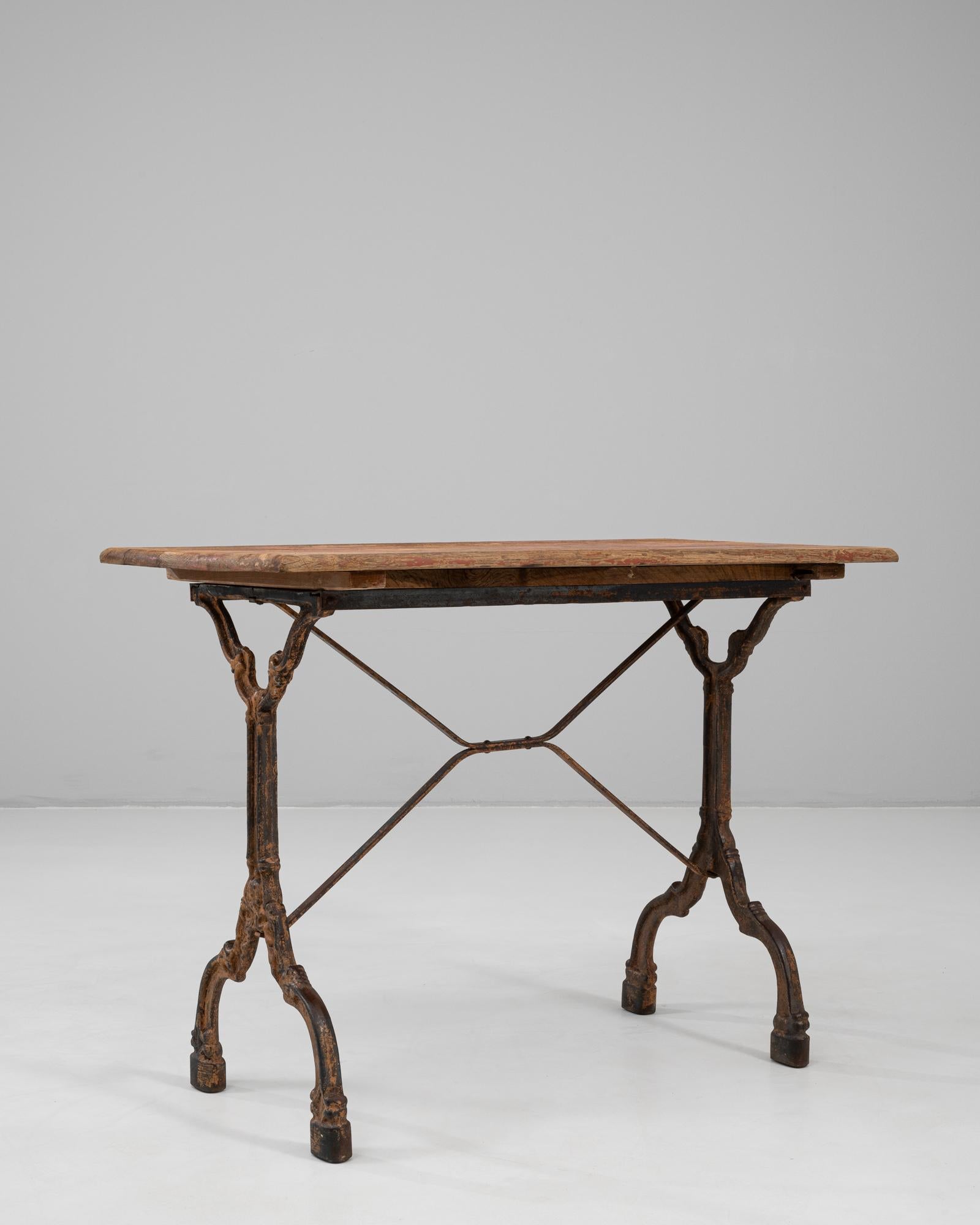 1900s French Bistro Table With Base Cast Iron & Wooden Top For Sale 2