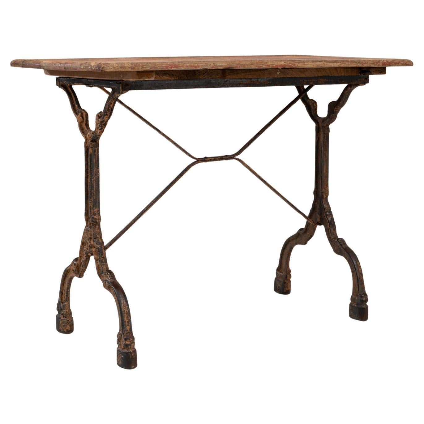 1900s French Bistro Table With Base Cast Iron & Wooden Top