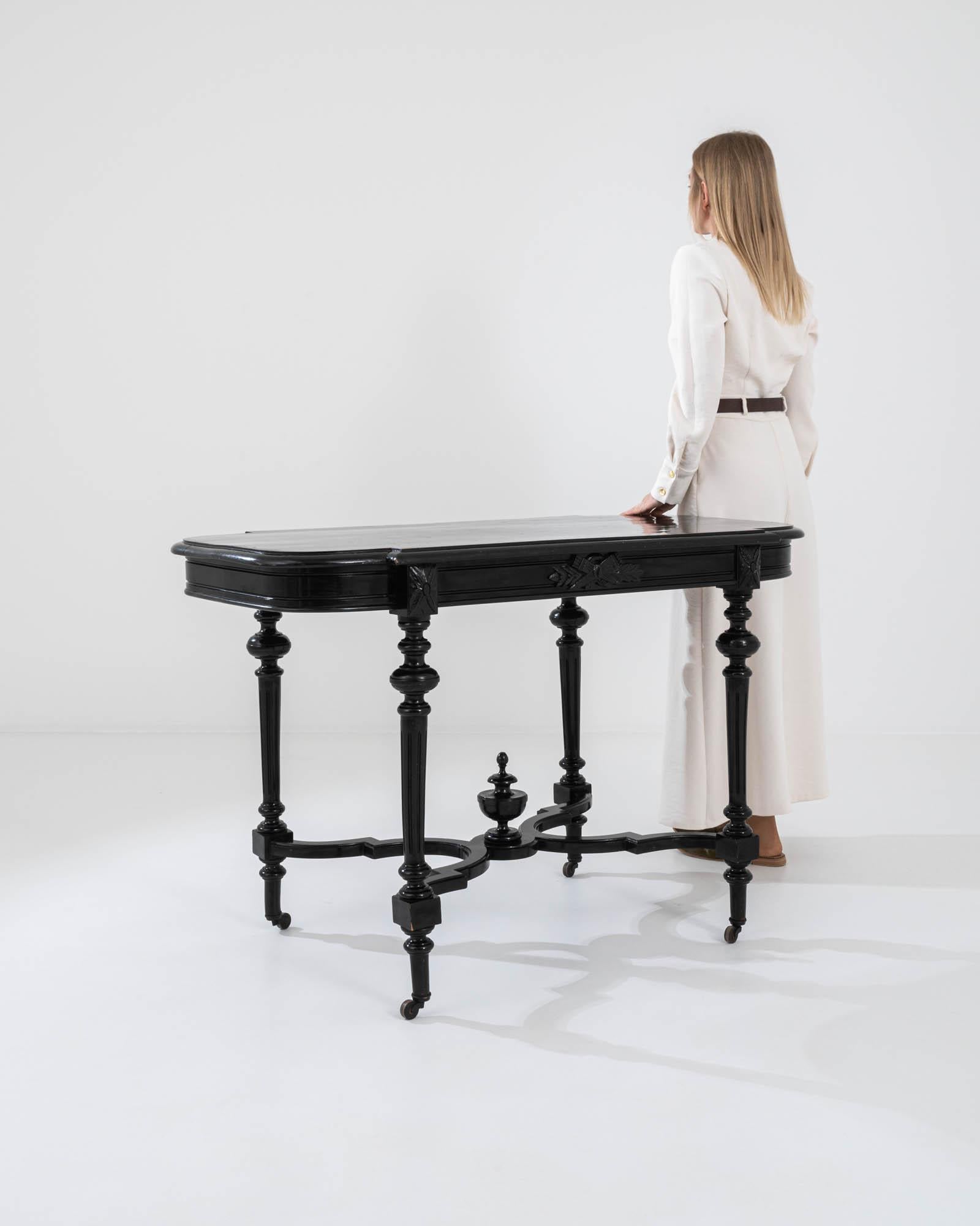 Early 20th Century 1900s French Black Lacquer Table on Wheels