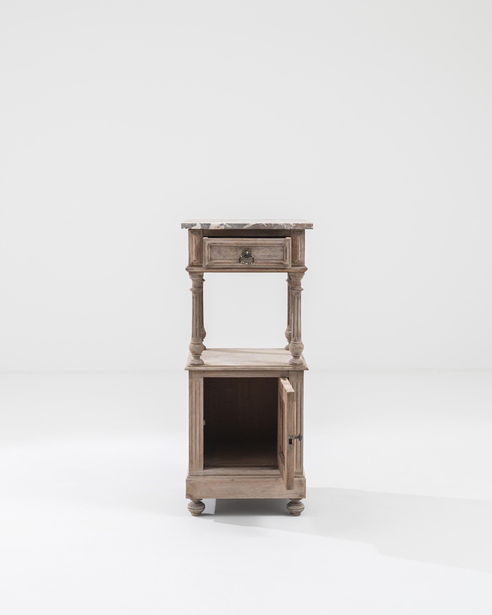 1900s French Bleached Oak Bedside Table with Marble Top 5