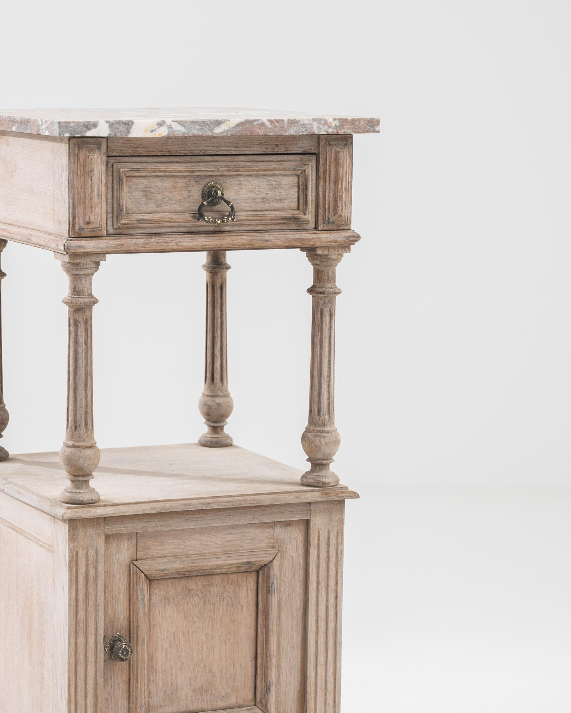 20th Century 1900s French Bleached Oak Bedside Table with Marble Top