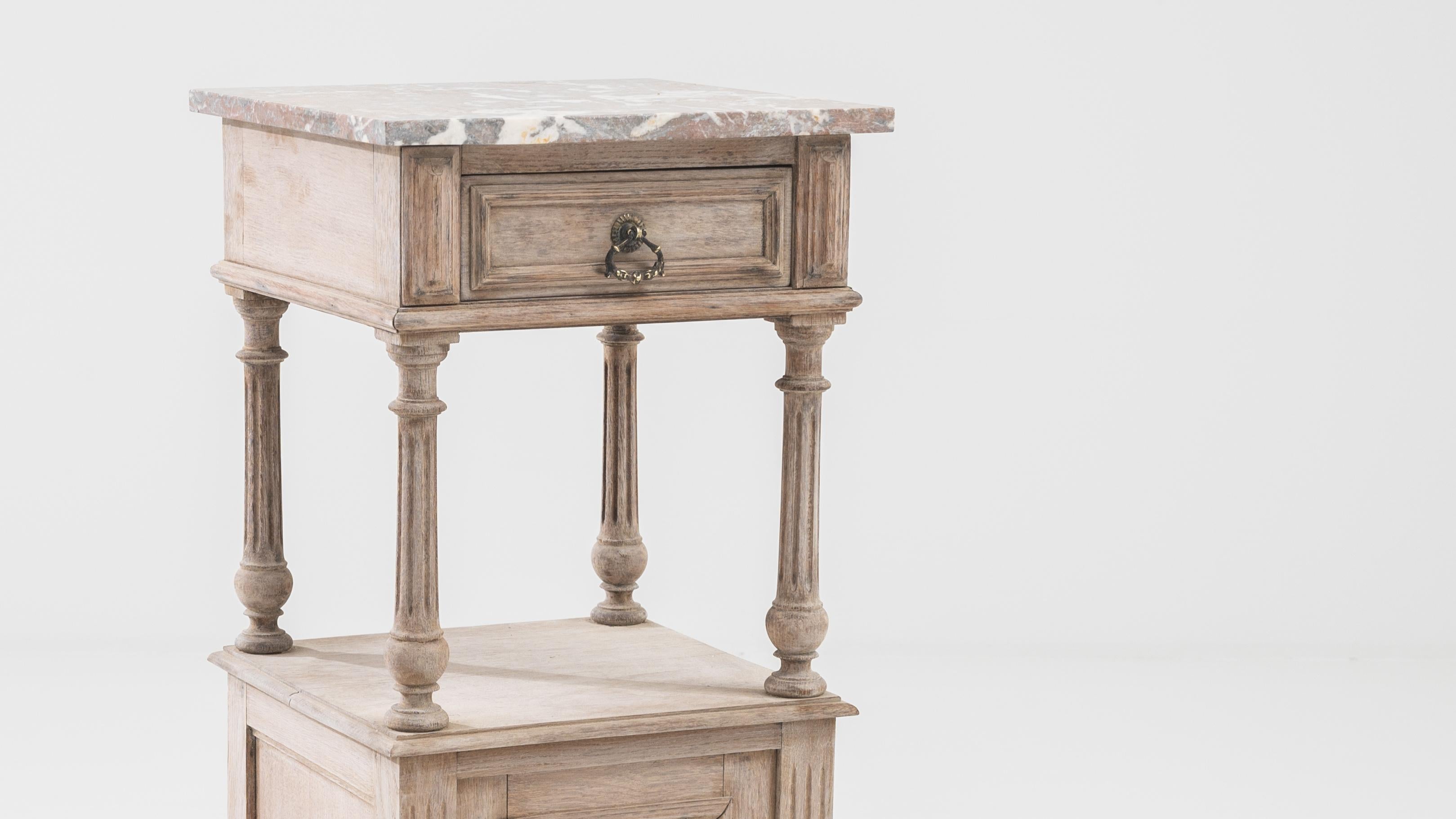 Wood 1900s French Bleached Oak Bedside Table with Marble Top