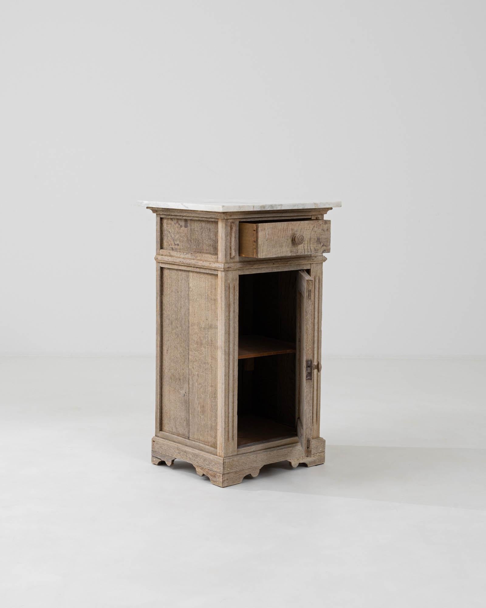 1900s French Bleached Oak Bedside Table With Marble Top 1
