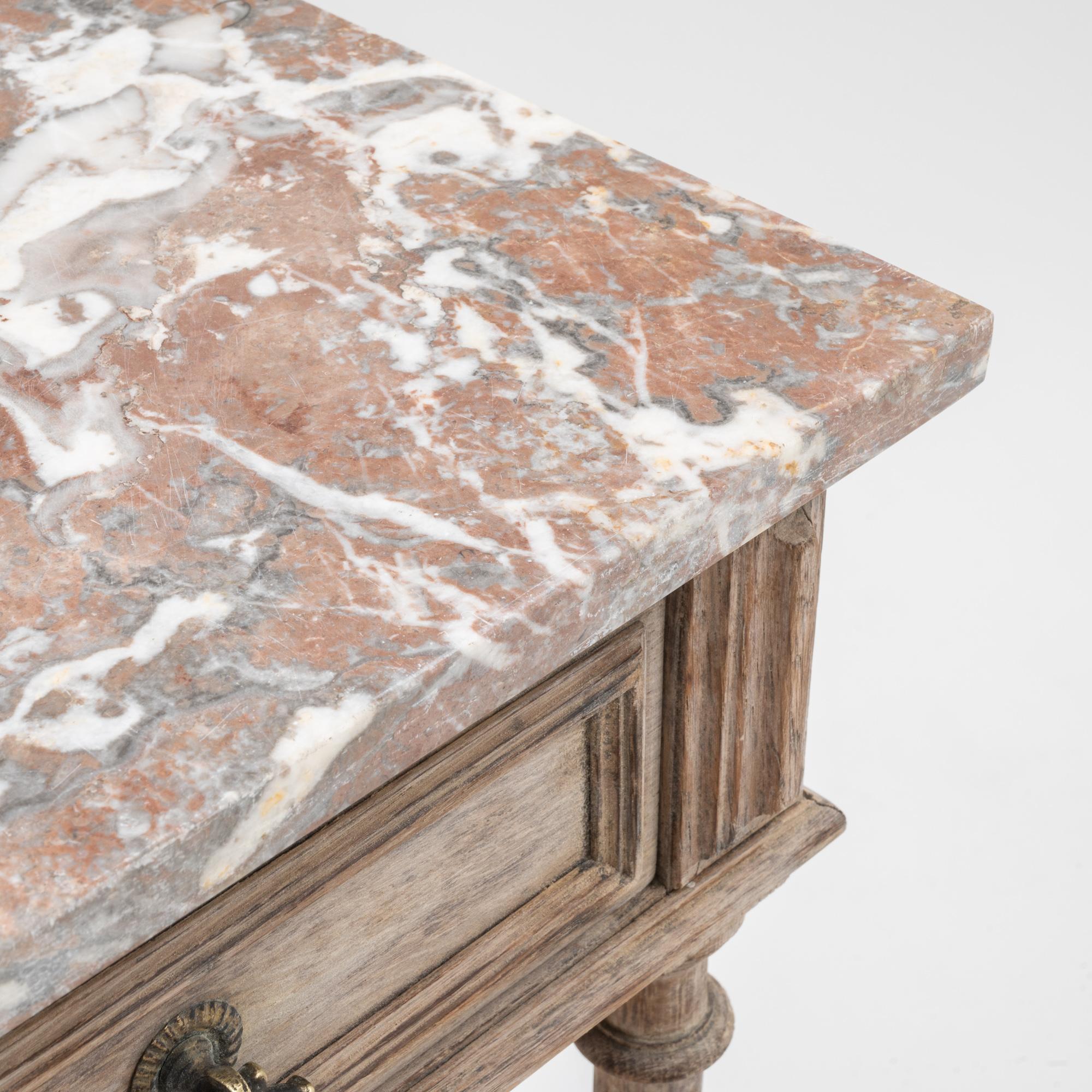 1900s French Bleached Oak Bedside Table with Marble Top 1