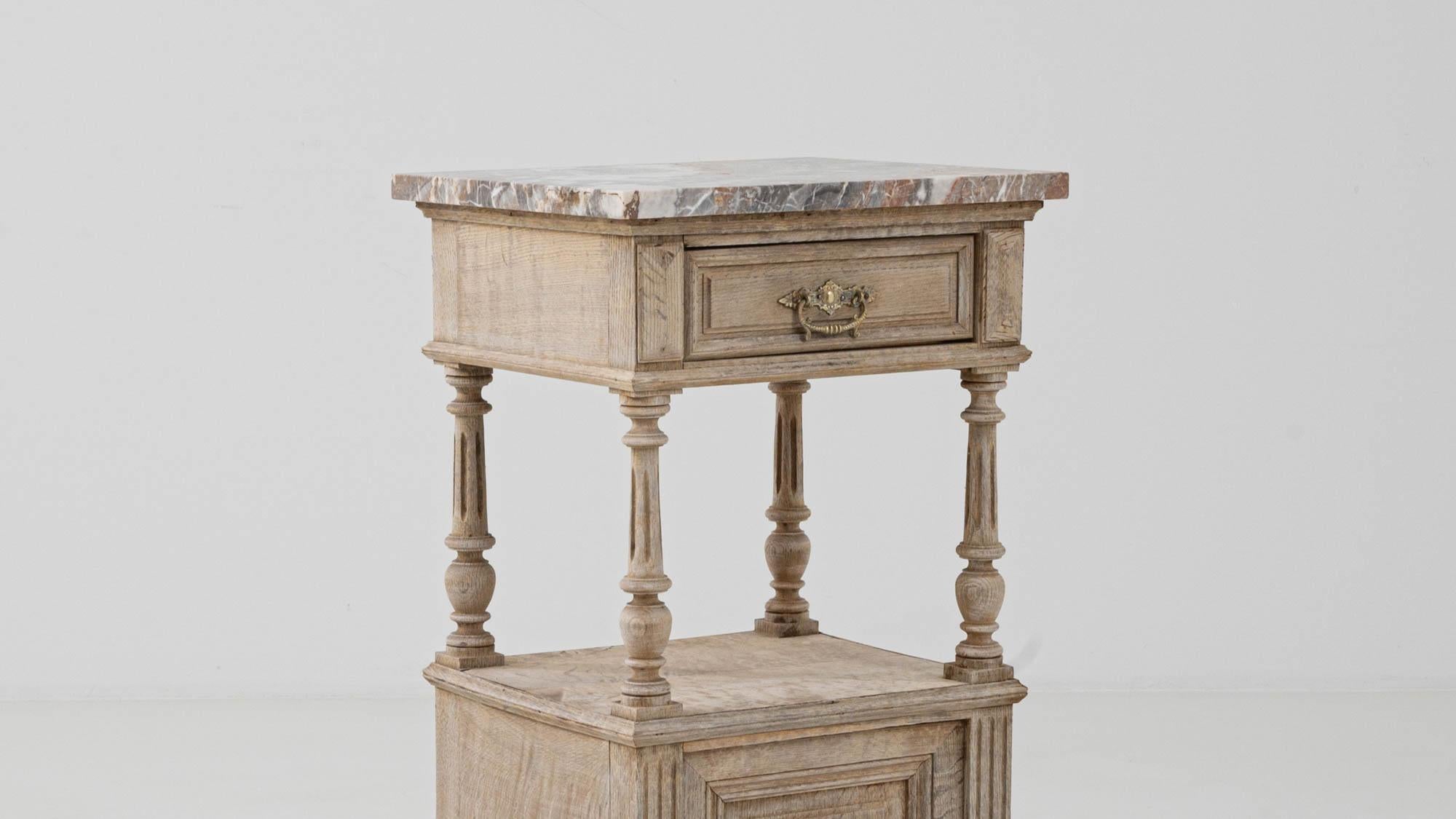 1900s French Bleached Oak Bedside Table With Marble Top 4