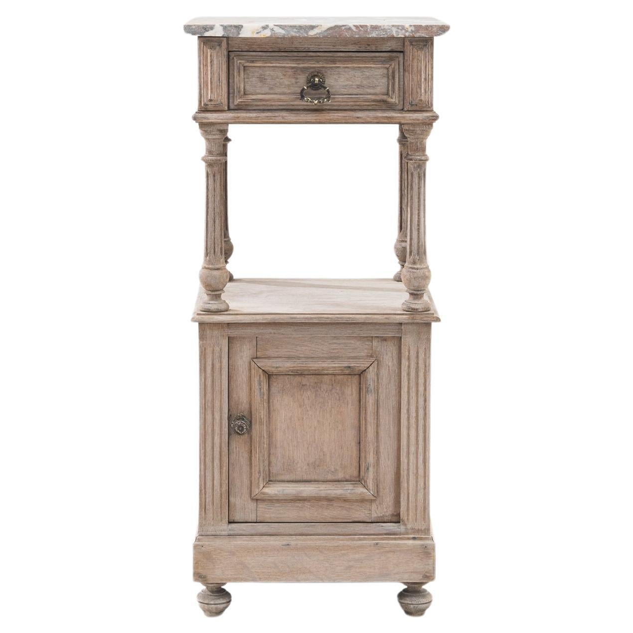 1900s French Bleached Oak Bedside Table with Marble Top