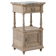Vintage 1900s French Bleached Oak Bedside Table With Marble Top
