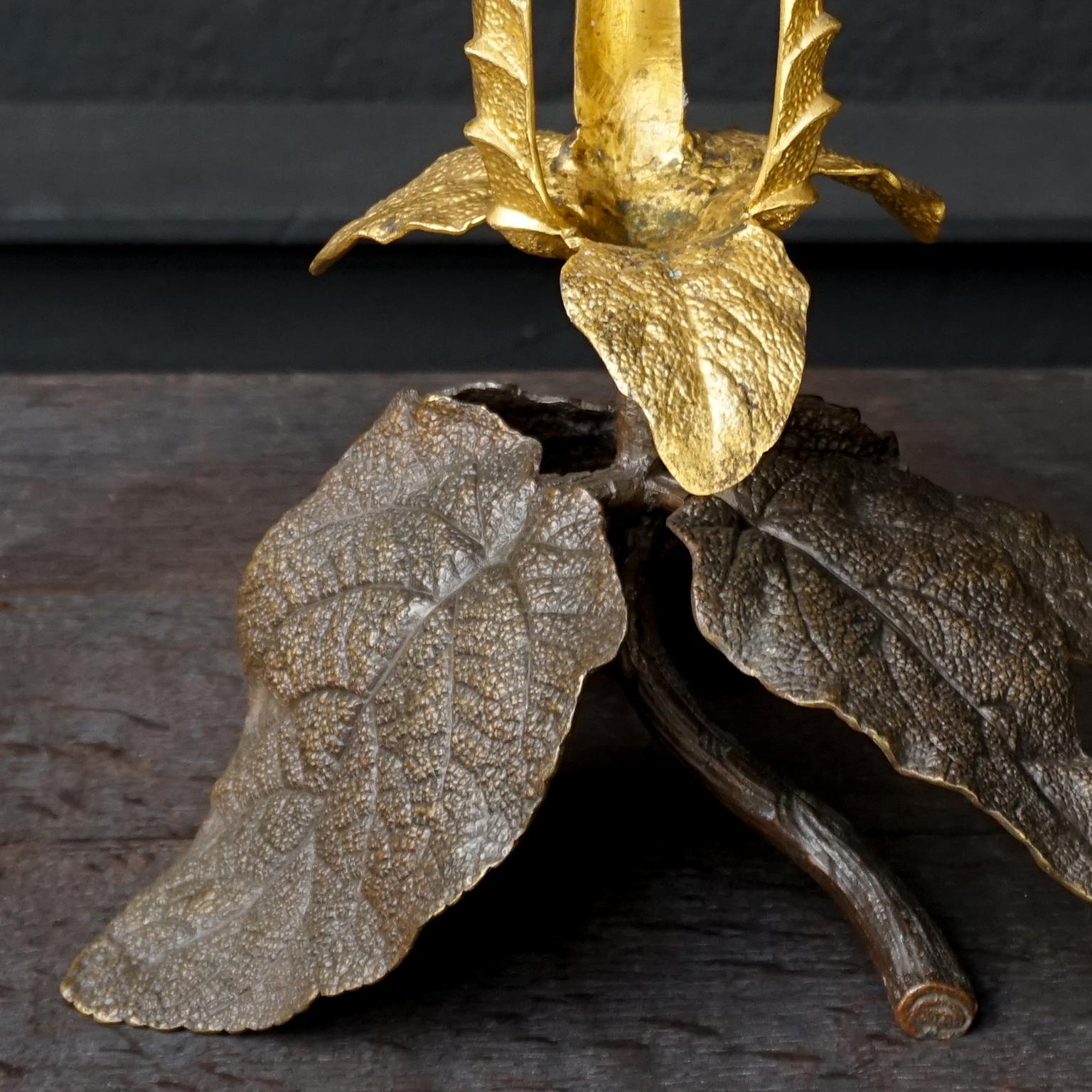1900s French Bronze Art Nouveau Clary Sage Leaf with Gilt Flower Candlestick For Sale 6