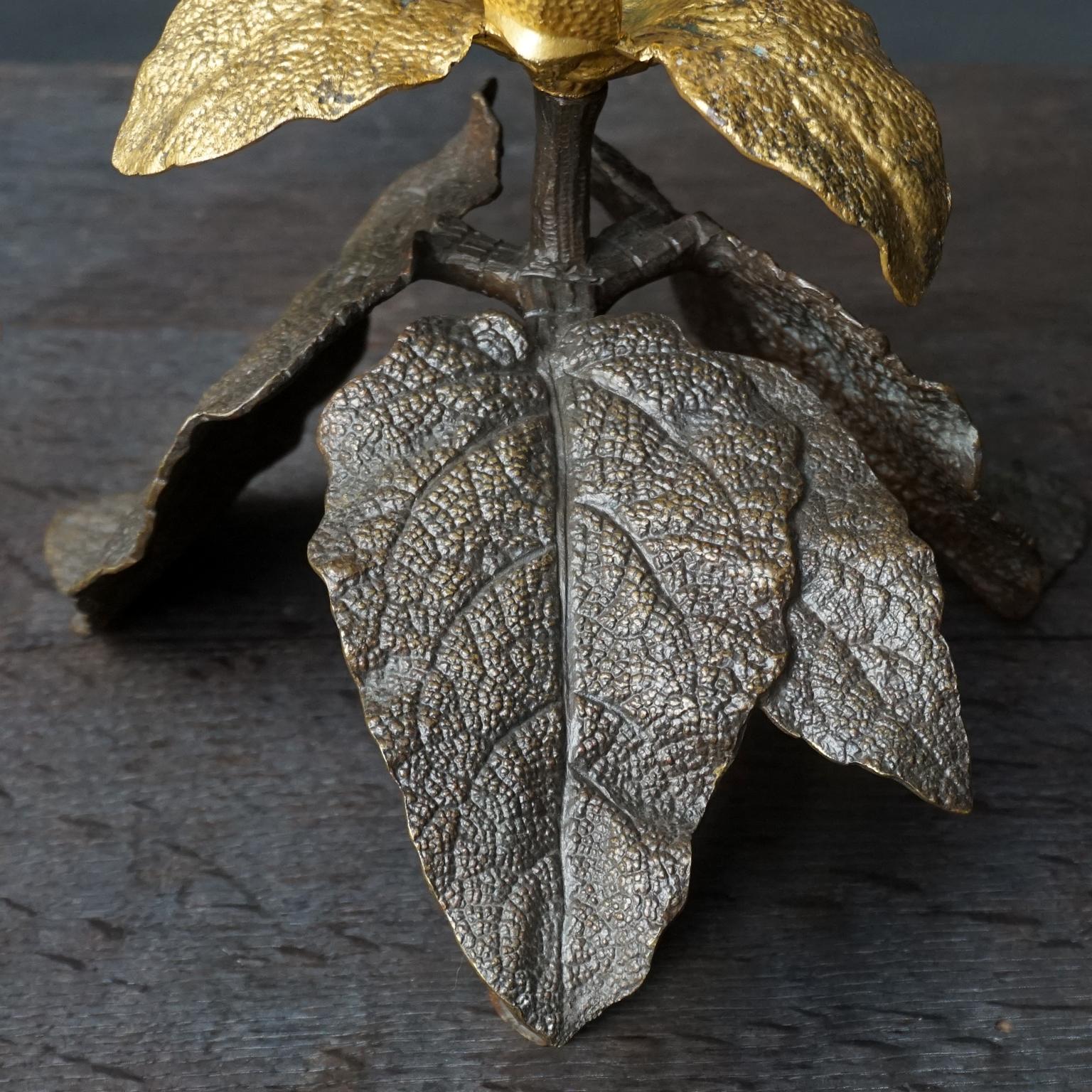 1900s French Bronze Art Nouveau Clary Sage Leaf with Gilt Flower Candlestick For Sale 8