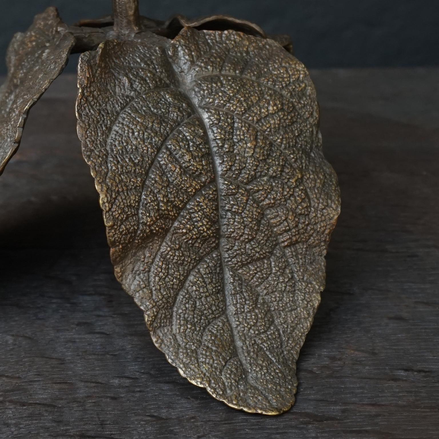 1900s French Bronze Art Nouveau Clary Sage Leaf with Gilt Flower Candlestick For Sale 10