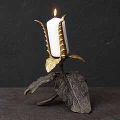 1900s French Bronze Art Nouveau Clary Sage Leaf with Gilt Flower Candlestick