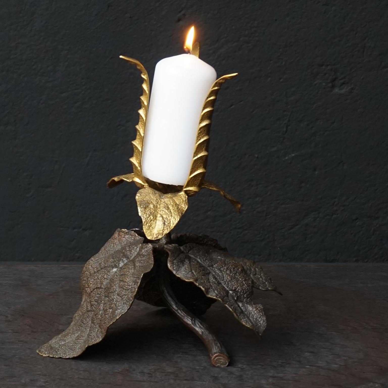 1900s French Bronze Art Nouveau Clary Sage Leaf with Gilt Flower Candlestick In Good Condition For Sale In Haarlem, NL