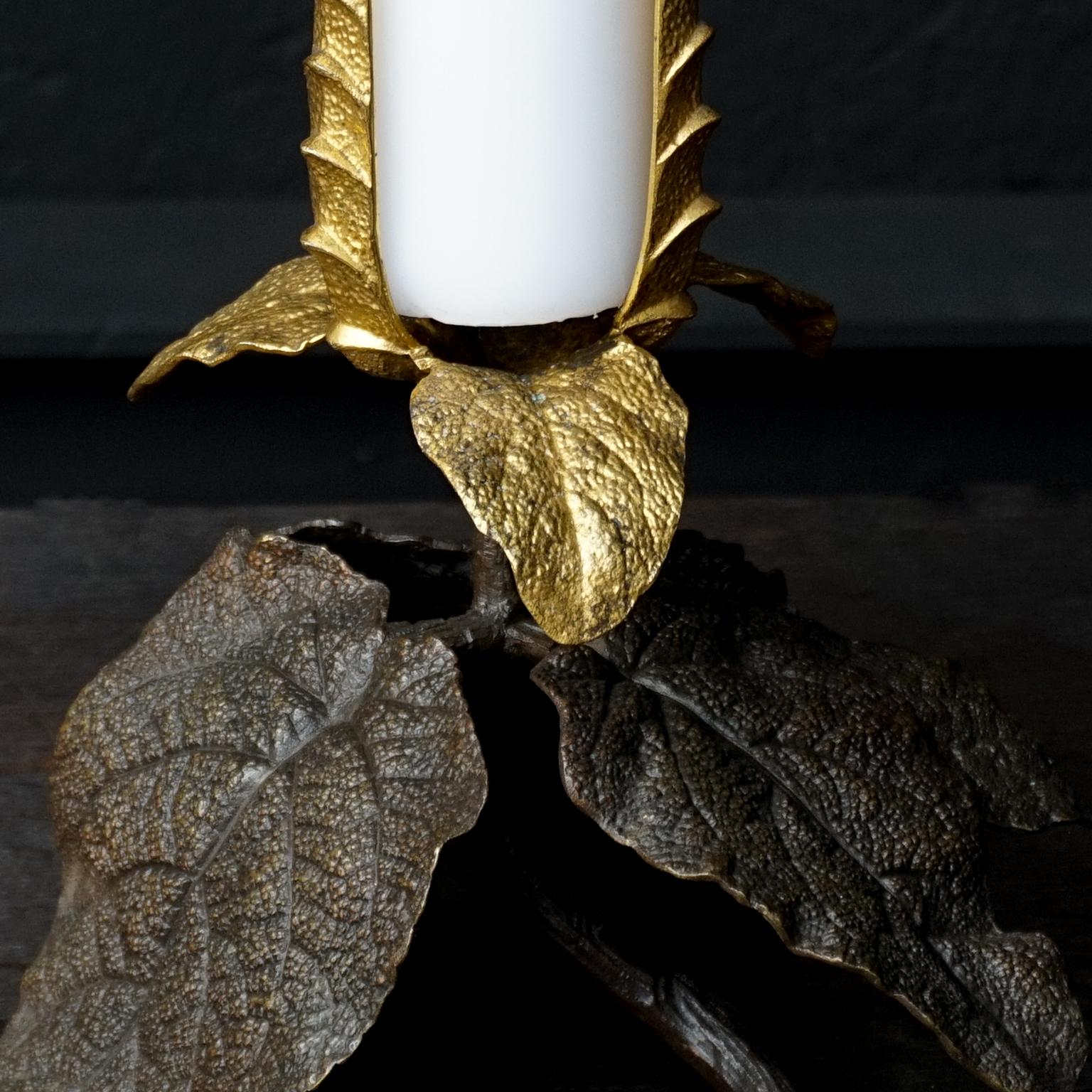 1900s French Bronze Art Nouveau Clary Sage Leaf with Gilt Flower Candlestick For Sale 2