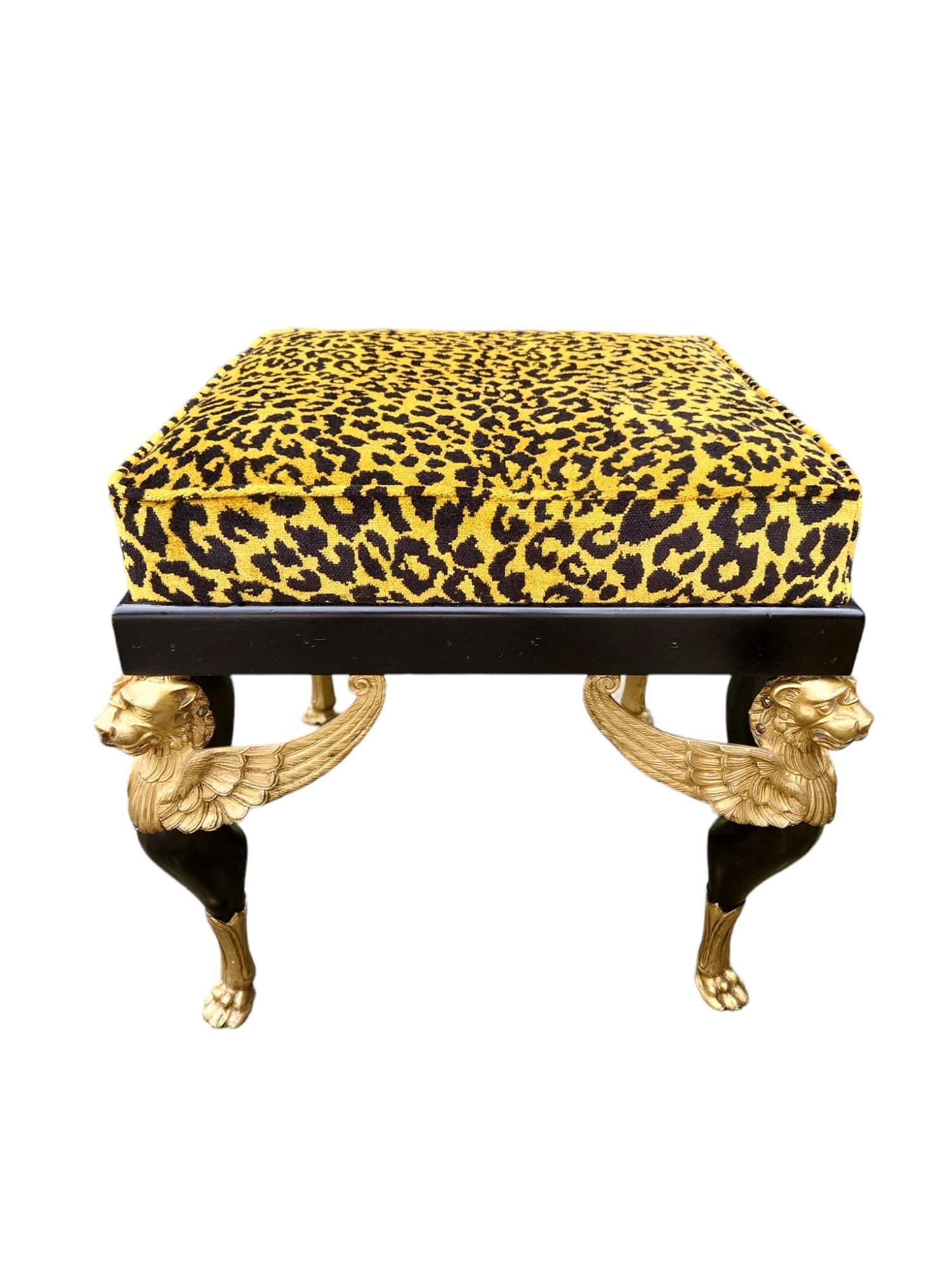 Newly-upholstered in Cheetah pattern fabric. Nicely chased bronze mounts. Strong and sturdy. Very unusual.