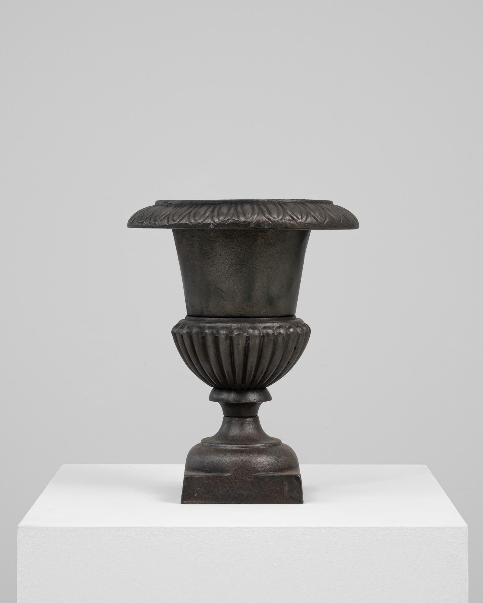 This 1900s French cast iron planter is a striking example of neoclassical garden ornamentation, showcasing timeless elegance and enduring craftsmanship. The planter features a flared rim with a decorative foliate edge, tapering into a smooth basin