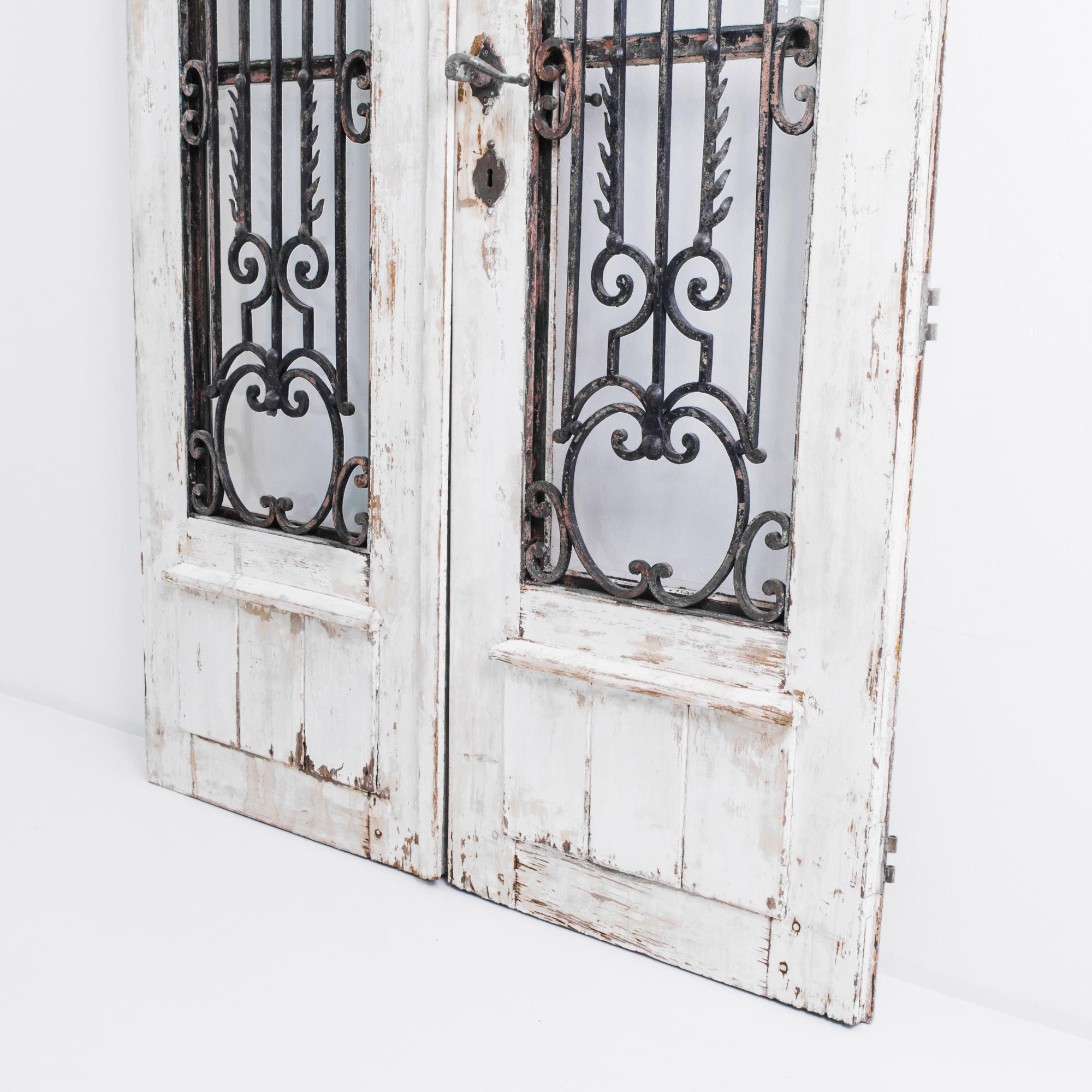 1900s French Country Doors with Wrought Iron Grille, a Pair 1