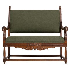 1900s French Eclectic Carved Bench With Upholstered Seat And Back