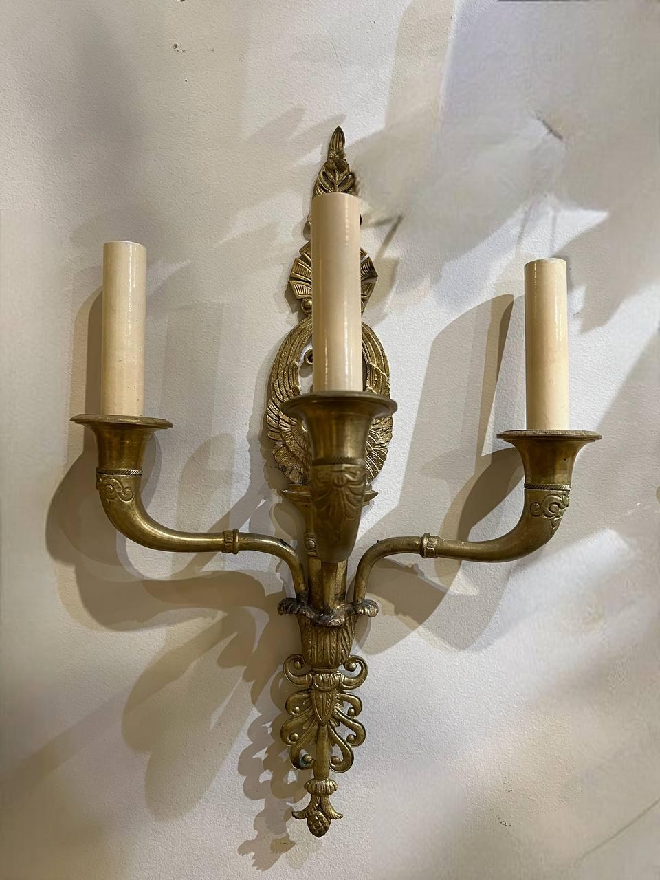 Gilt 1900's French Empire Sconces With Swans three lights For Sale