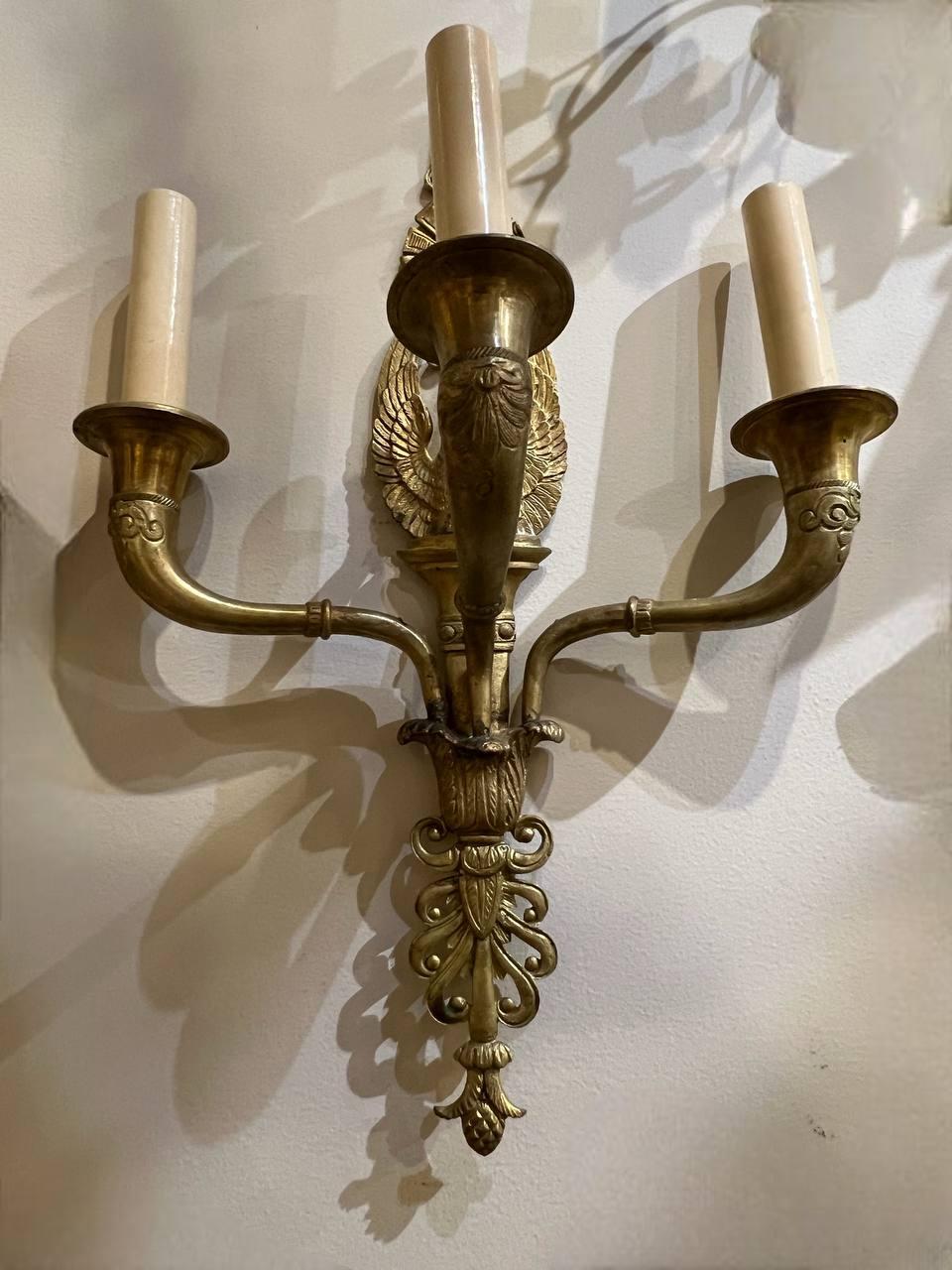 Early 20th Century 1900's French Empire Sconces With Swans three lights For Sale