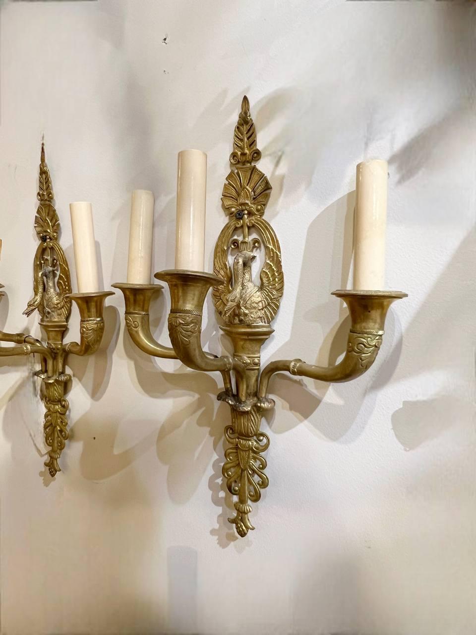 Bronze 1900's French Empire Sconces With Swans three lights For Sale