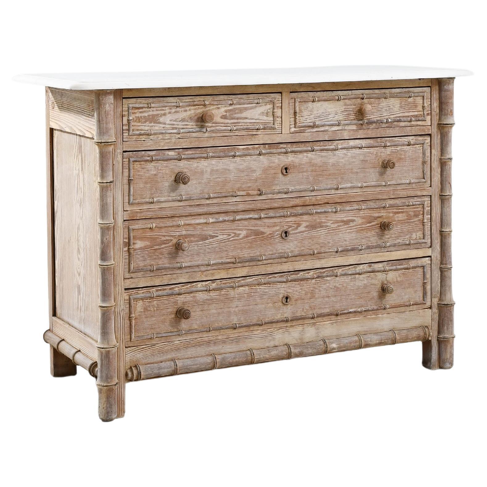 Pine French Faux Bamboo Miniature Chest of Drawers with Marble Top, 1920s For Sale at 1stDibs