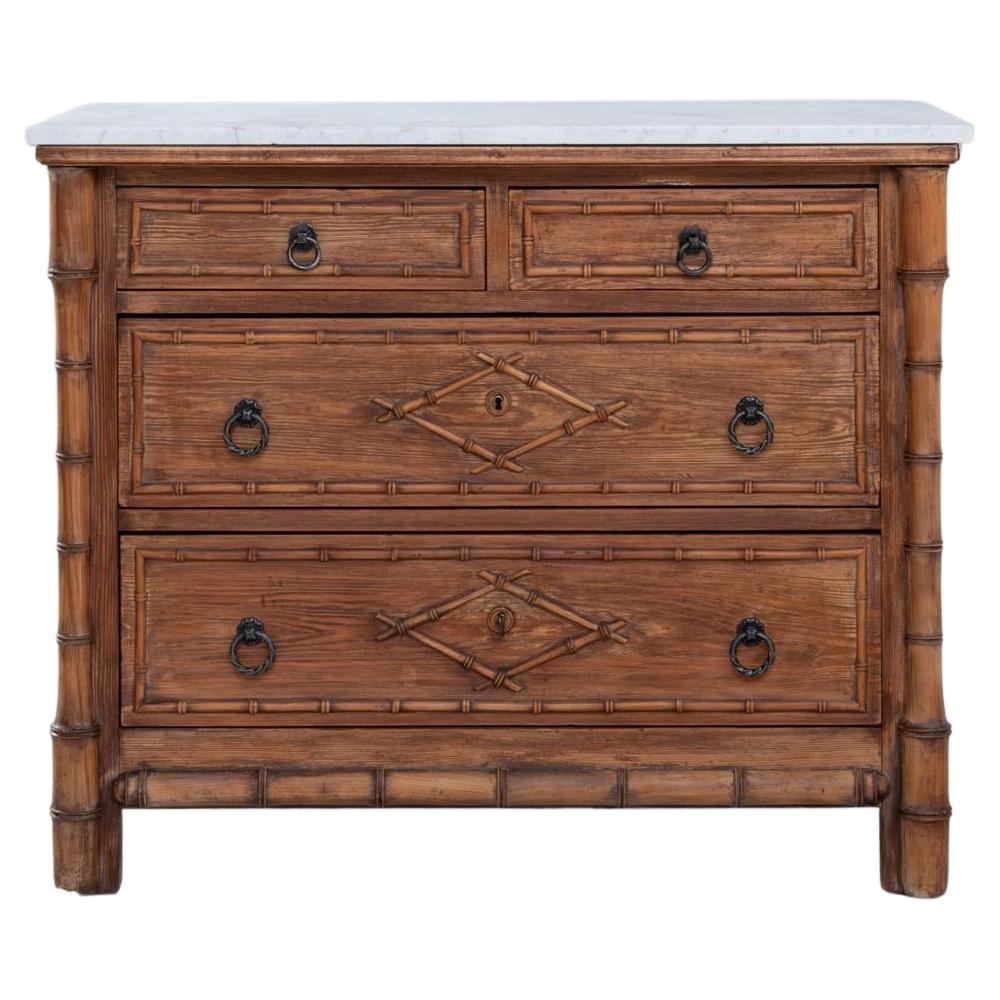 1900s French Faux Bamboo Chest of Drawers With Marble Top