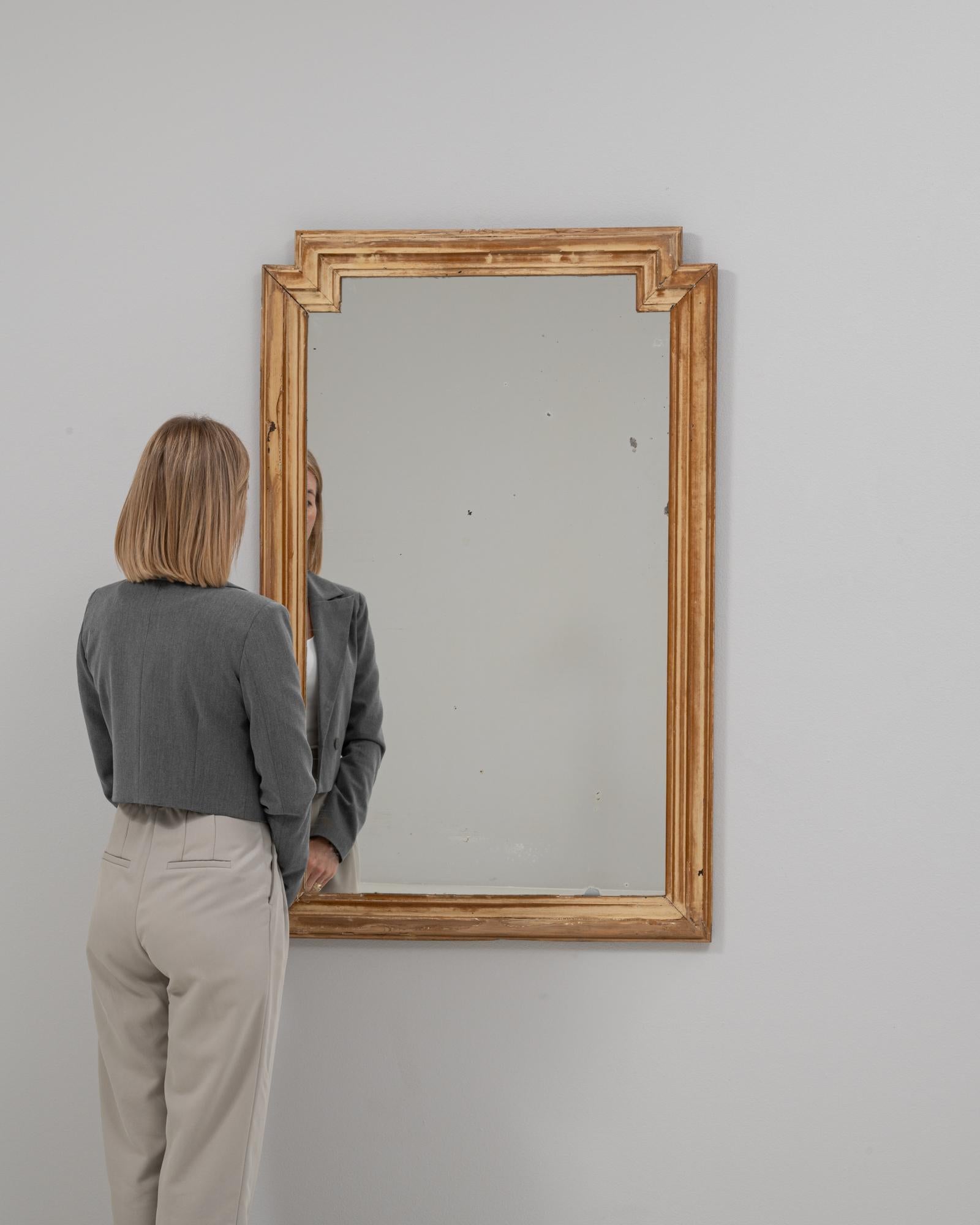 1900s French Geometric Stepped-Frame Wooden Wall Mirror In Good Condition For Sale In High Point, NC