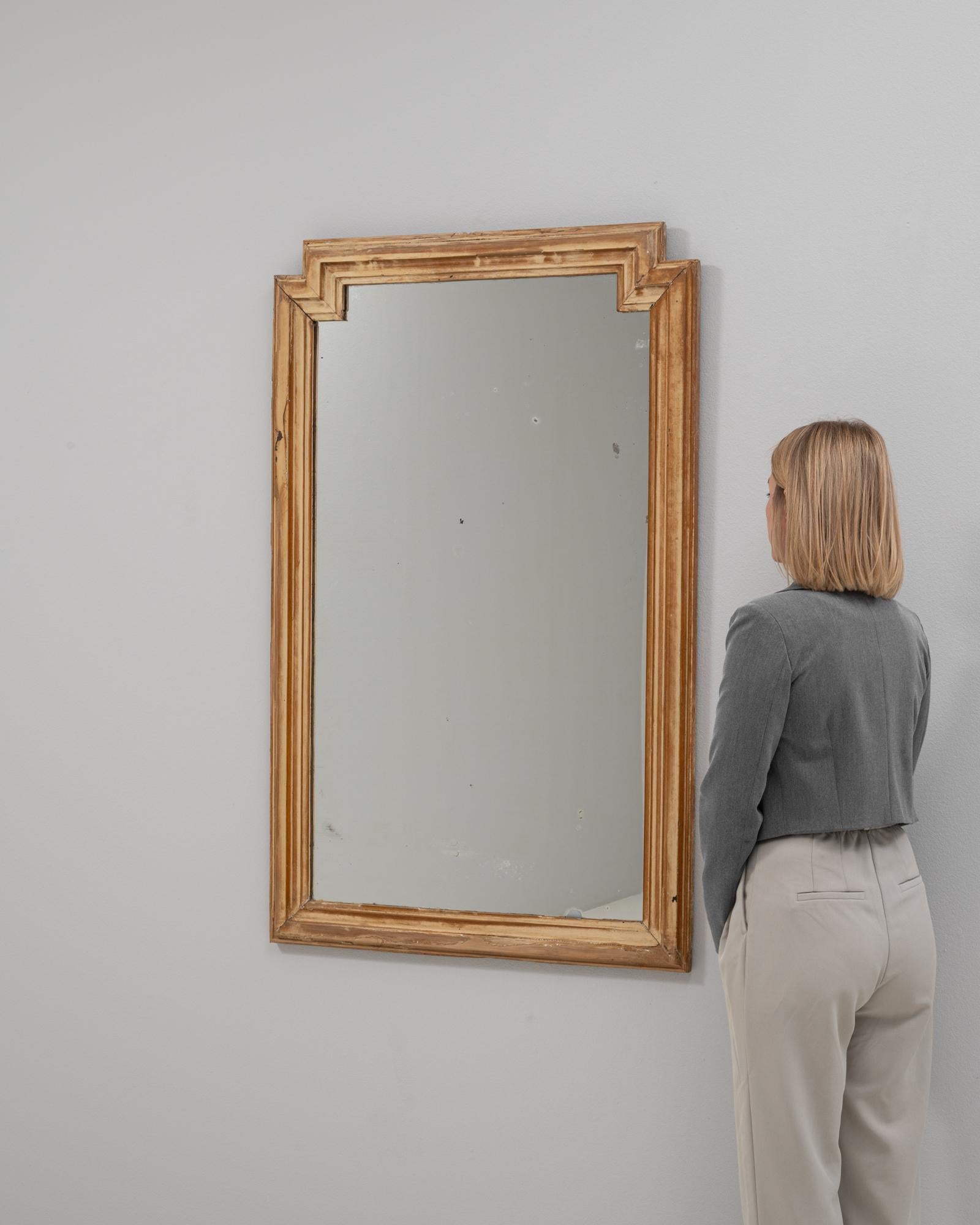 Glass 1900s French Geometric Stepped-Frame Wooden Wall Mirror For Sale