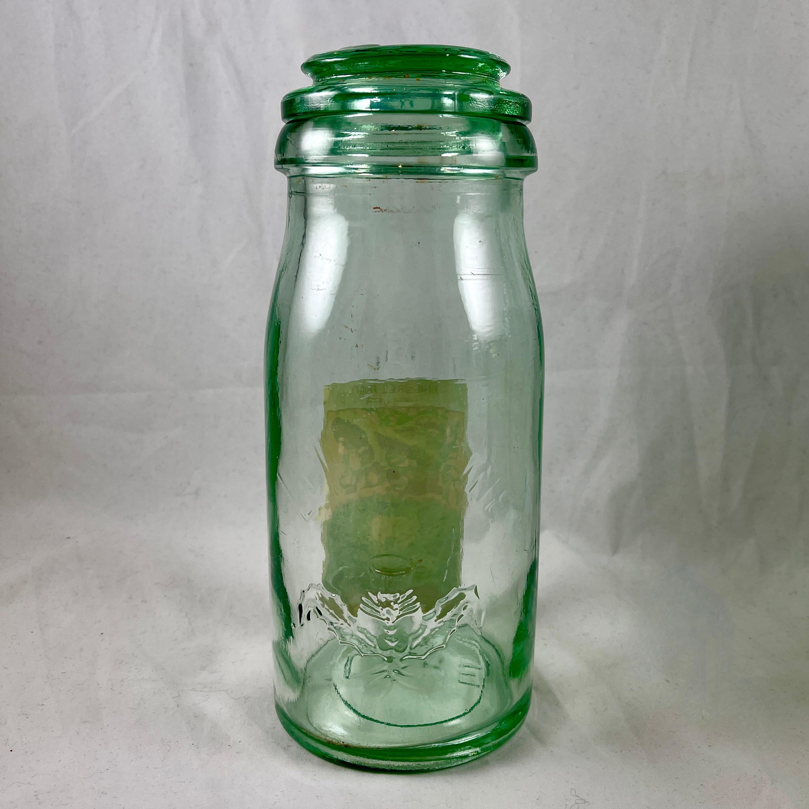 1900s French Green L'Ideale Canning Preserve Jars W/ Lithograph Seed Labels S/4 For Sale 2