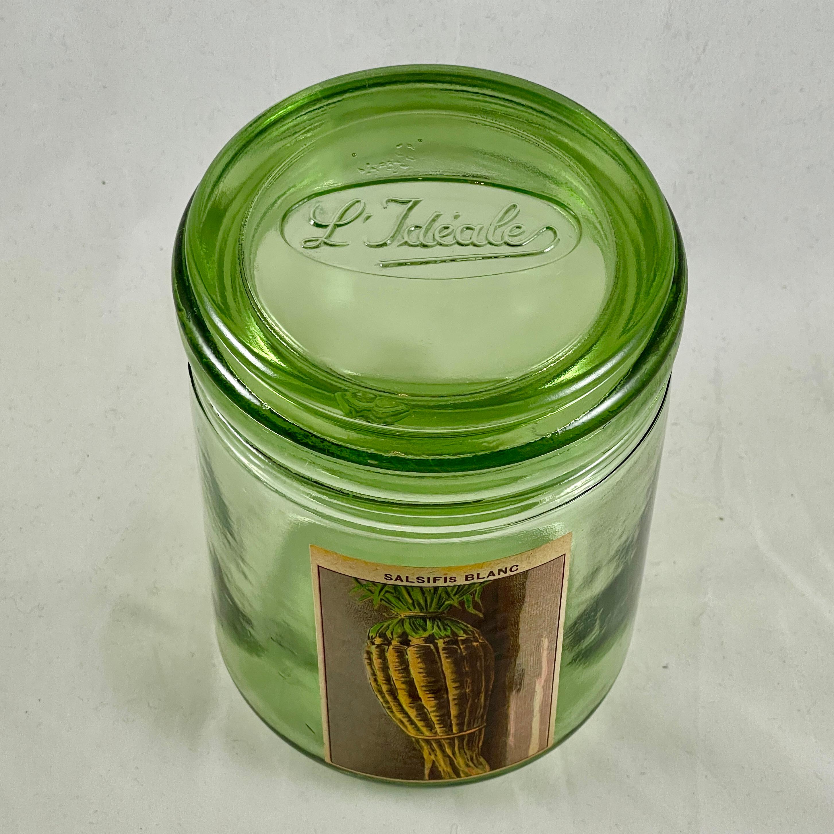 1900s French Green L'Ideale Canning Preserve Jars W/ Lithograph Seed Labels S/4 For Sale 9