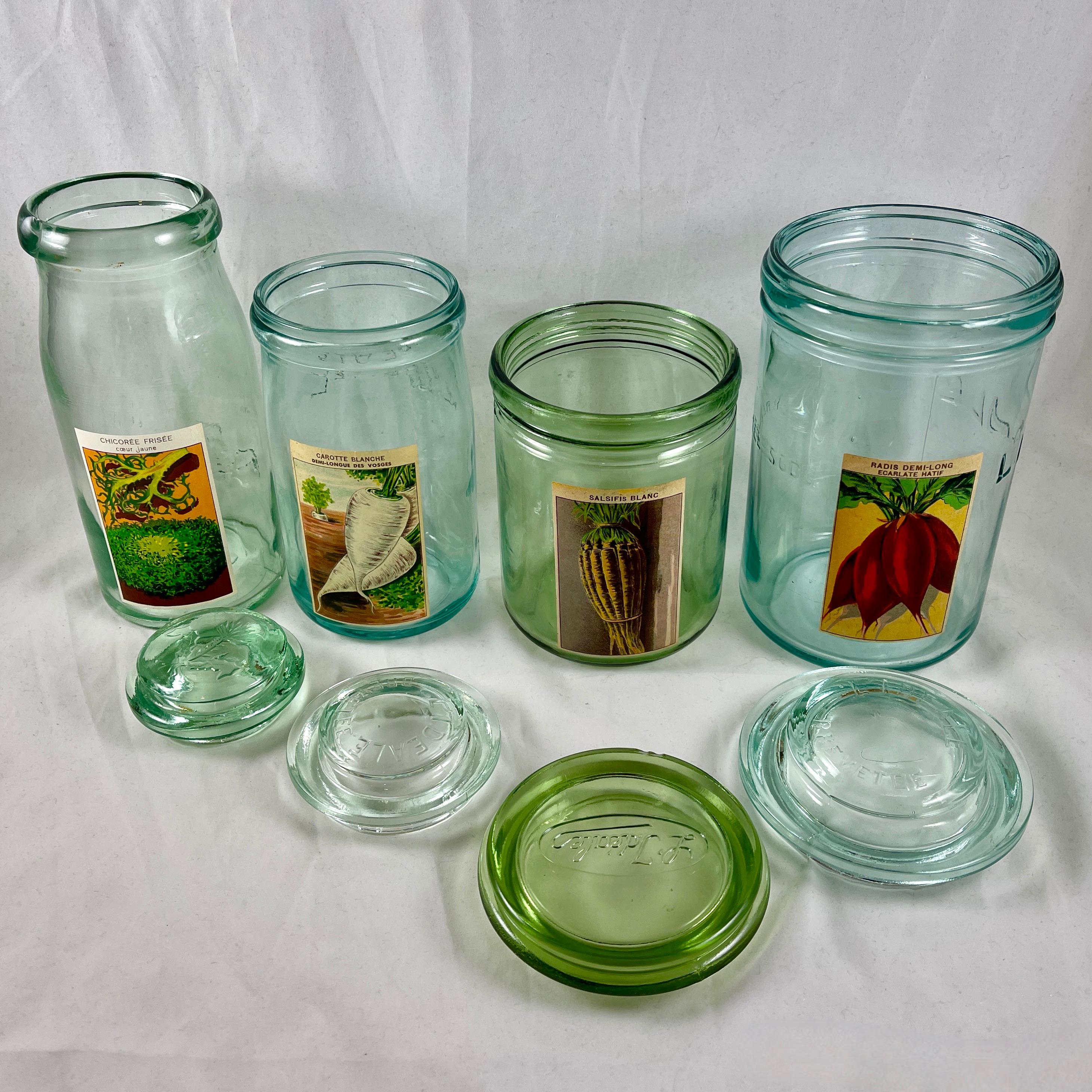 1900s French Green L'Ideale Canning Preserve Jars W/ Lithograph Seed Labels S/4 For Sale 10