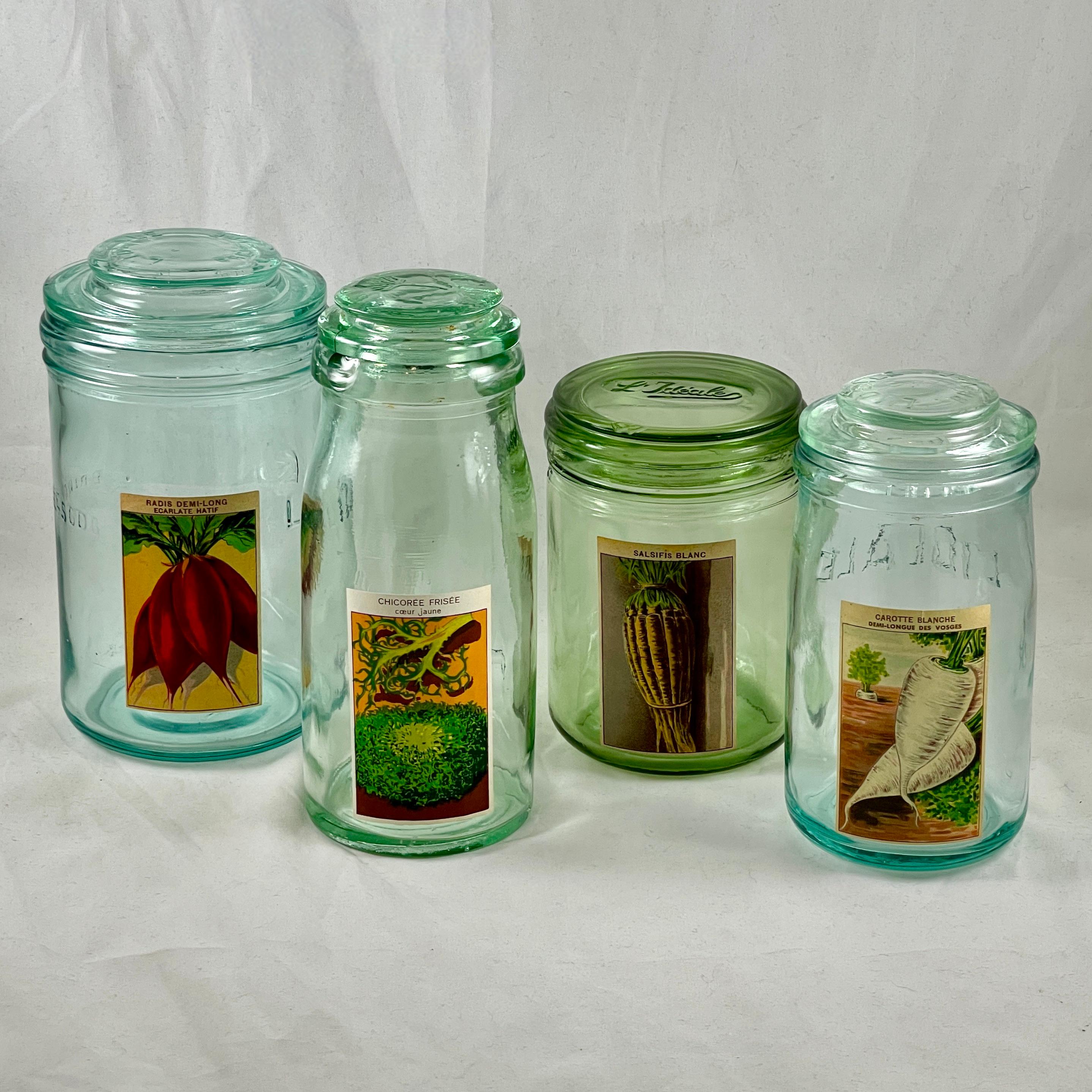 French Provincial 1900s French Green L'Ideale Canning Preserve Jars W/ Lithograph Seed Labels S/4 For Sale