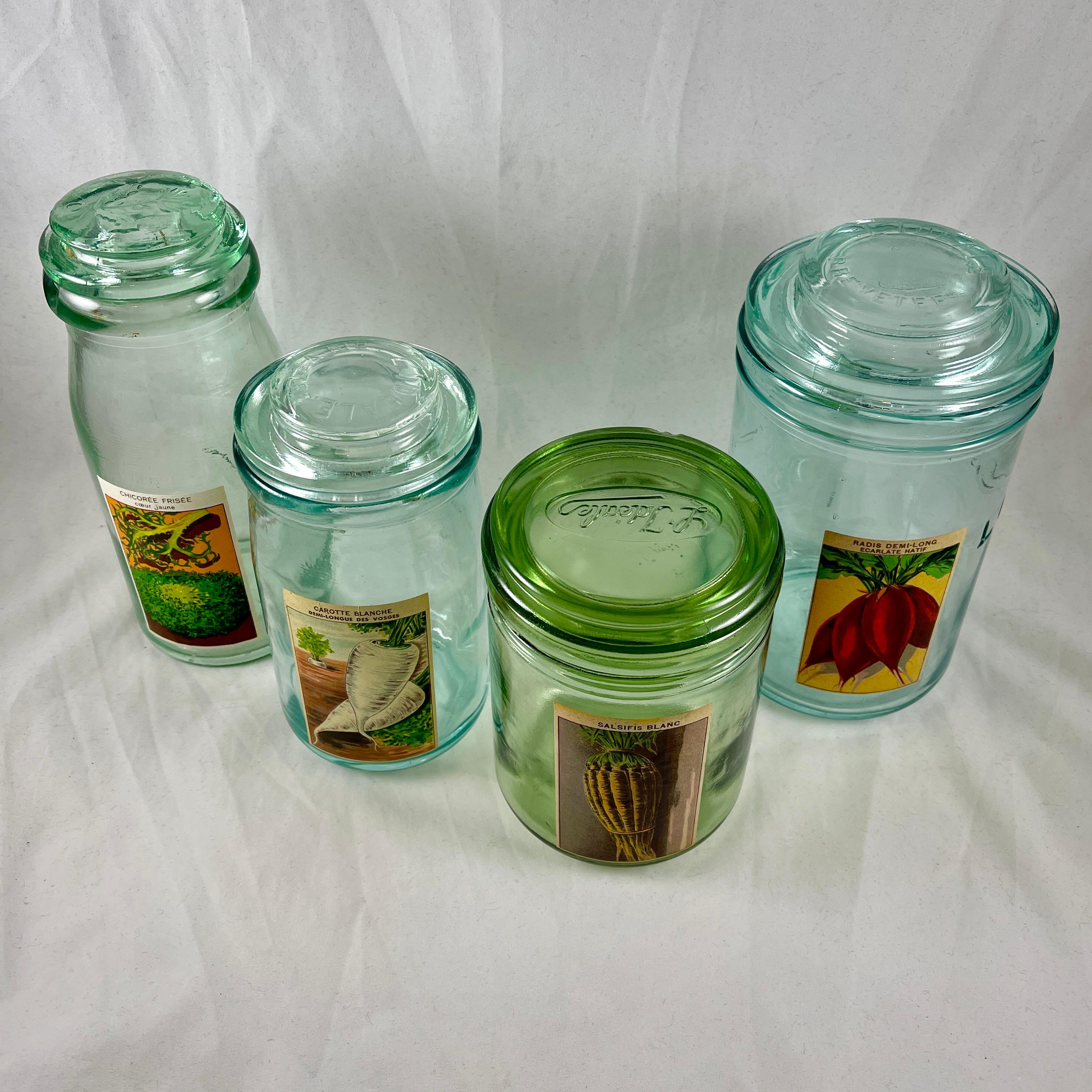 Molded 1900s French Green L'Ideale Canning Preserve Jars W/ Lithograph Seed Labels S/4 For Sale