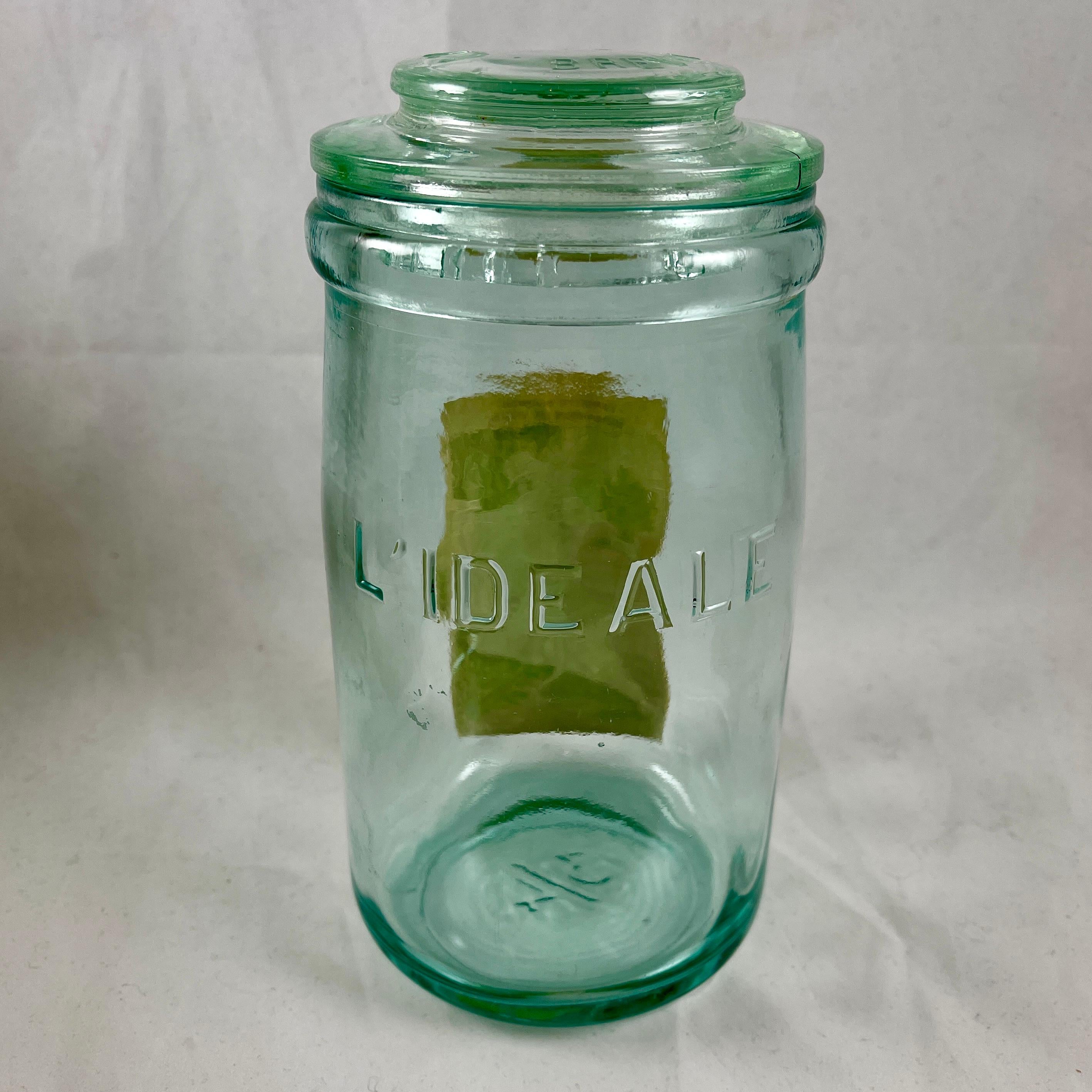 Molded 1900s French Green L'Ideale Canning Preserve Jars W/ Lithograph Seed Labels S/4 For Sale