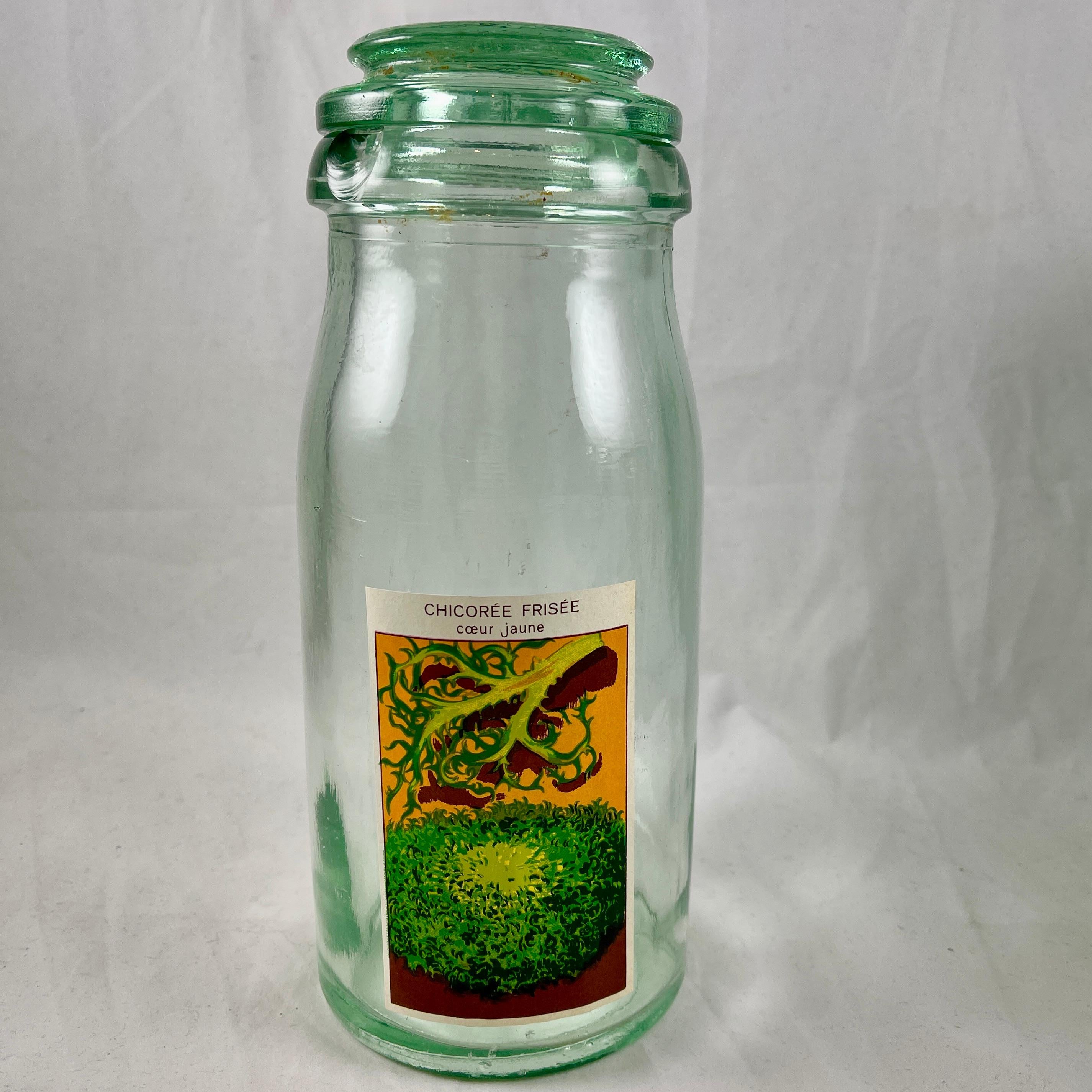 Glass 1900s French Green L'Ideale Canning Preserve Jars W/ Lithograph Seed Labels S/4 For Sale